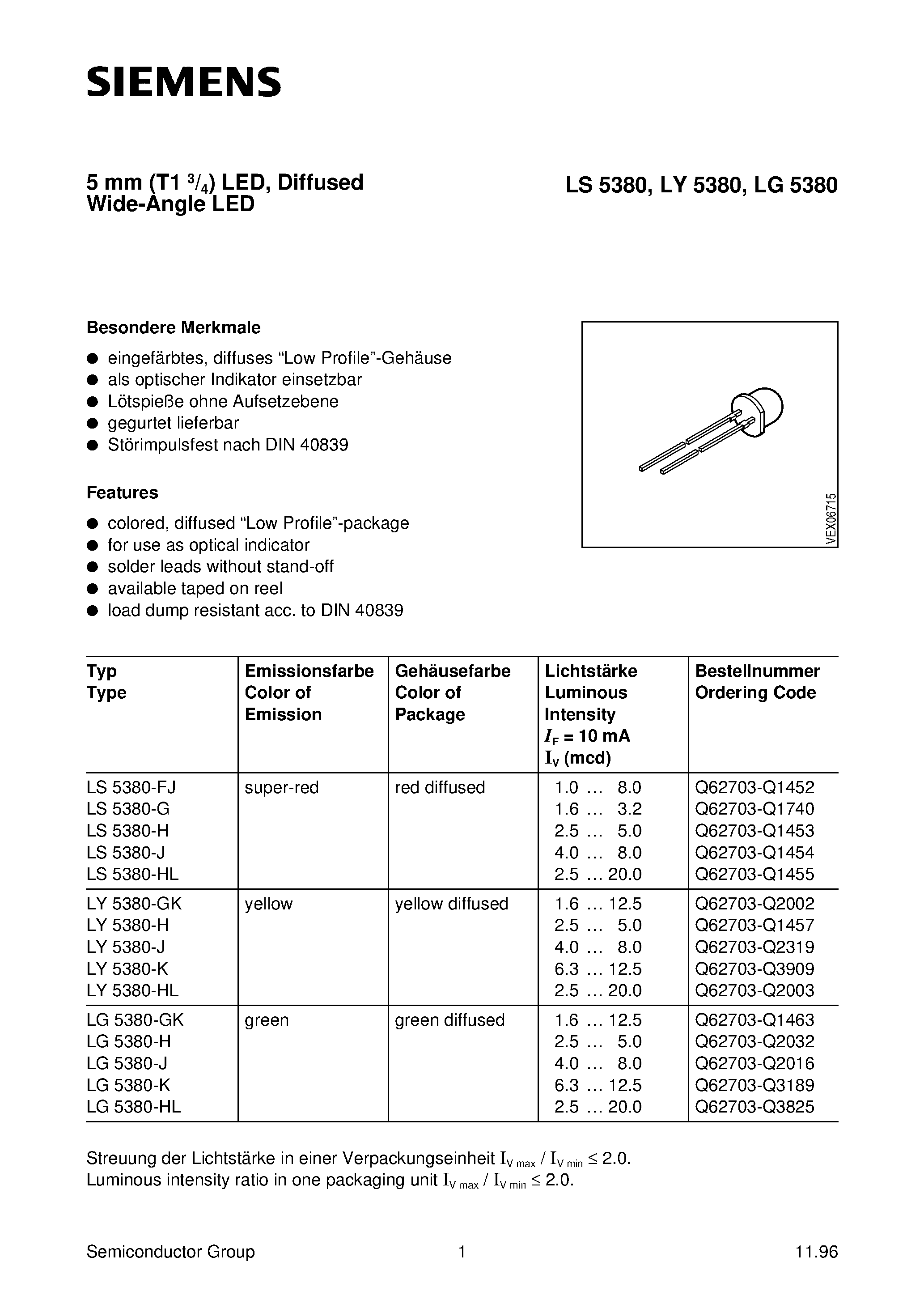 Datasheet LY5380-GK - 5 mm T1 3/4 LED/ Diffused Wide-Angle LED page 1