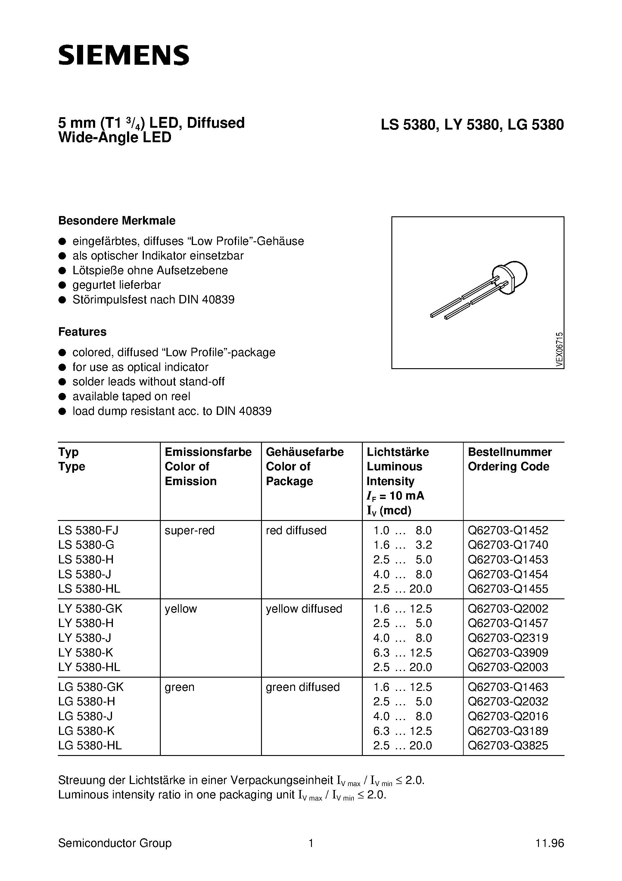 Даташит LY5380-K - 5 mm T1 3/4 LED/ Diffused Wide-Angle LED страница 1