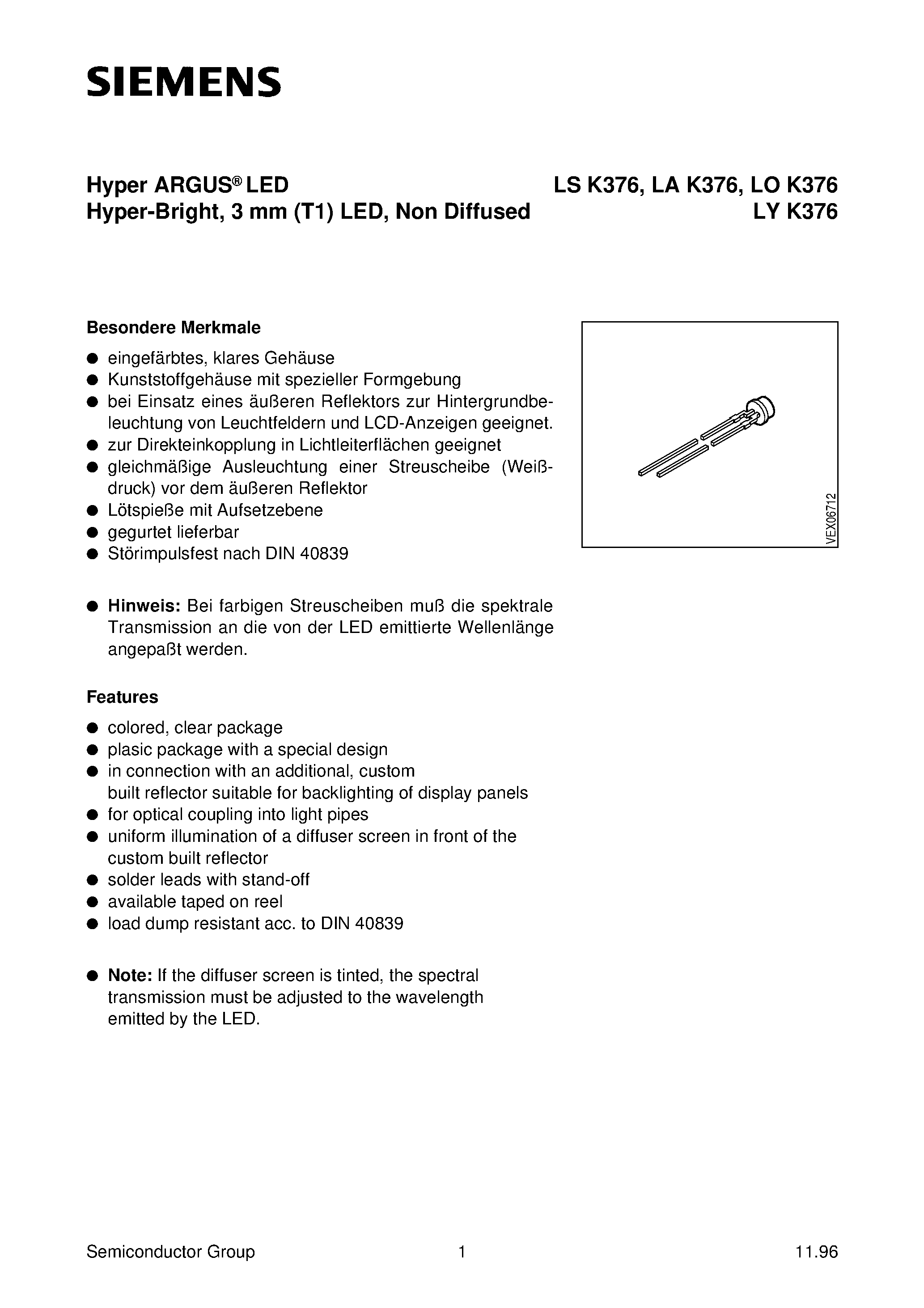 Datasheet LYK376-S - Hyper ARGUS LED Hyper-Bright/ 3 mm T1 LED/ Non Diffused page 1