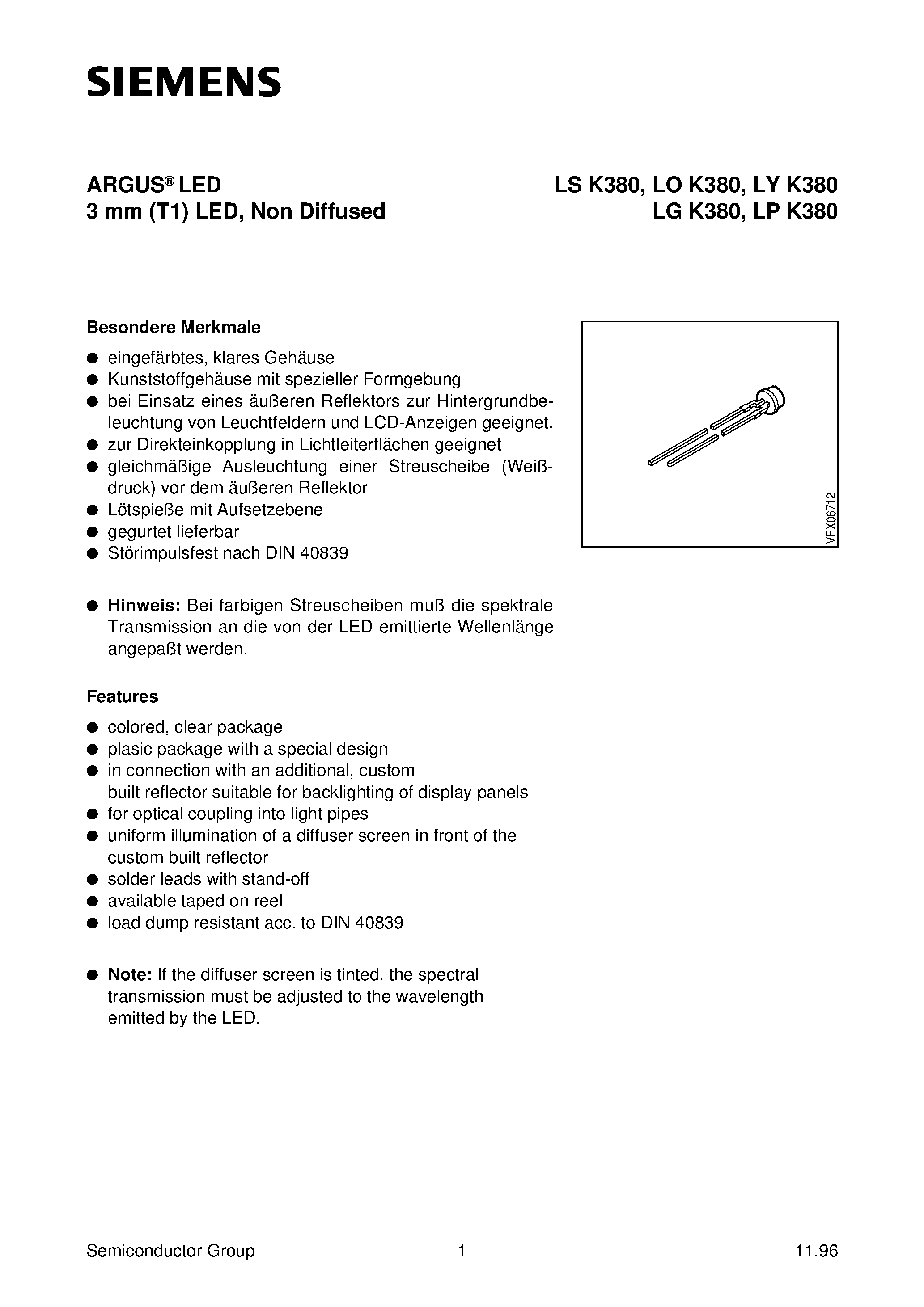 Datasheet LYK380-N - ARGUS LED 3 mm T1 LED/ Non Diffused page 1