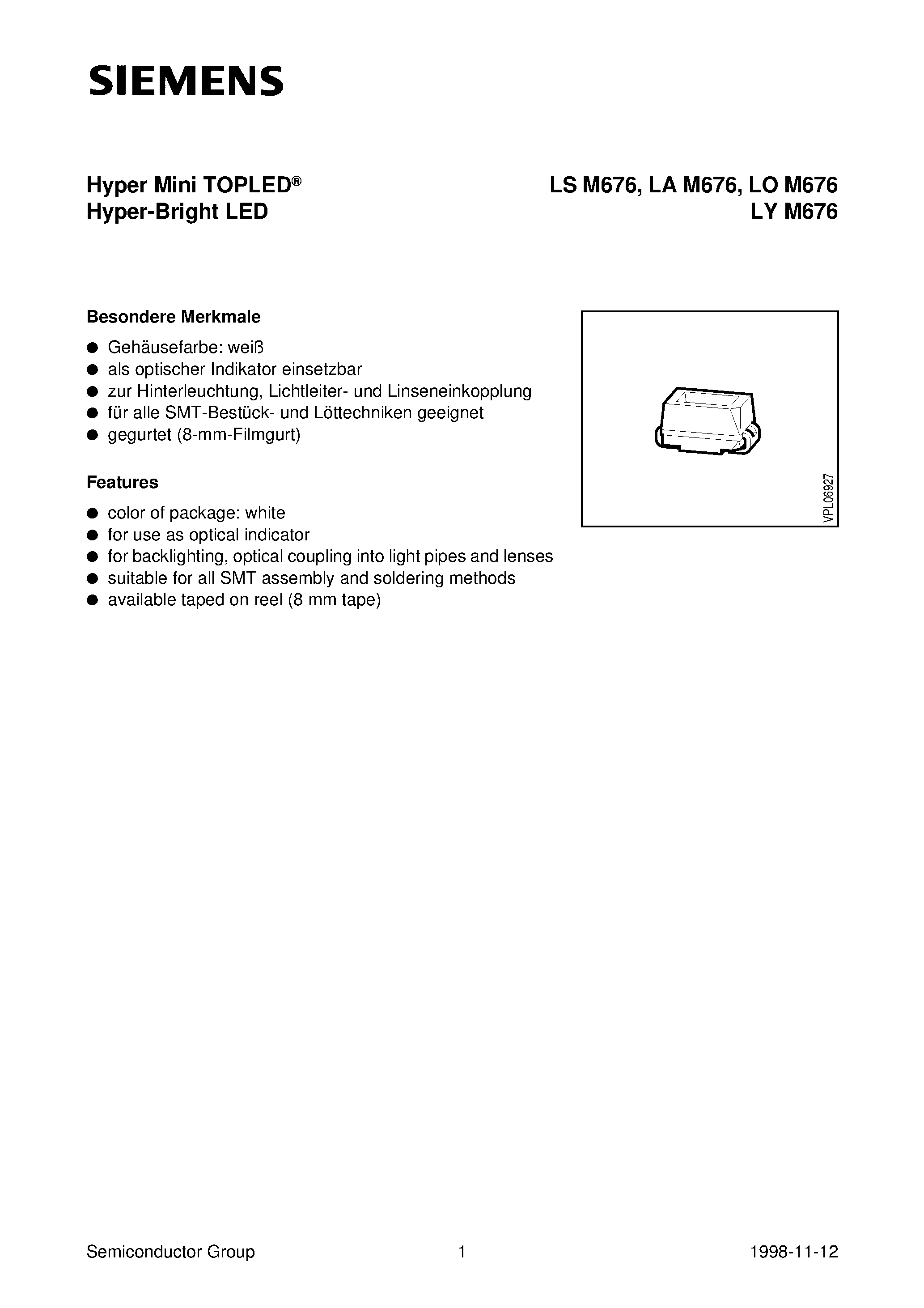 Даташит LYM676-Q - Hyper Mini TOPLED Hyper-Bright LED страница 1
