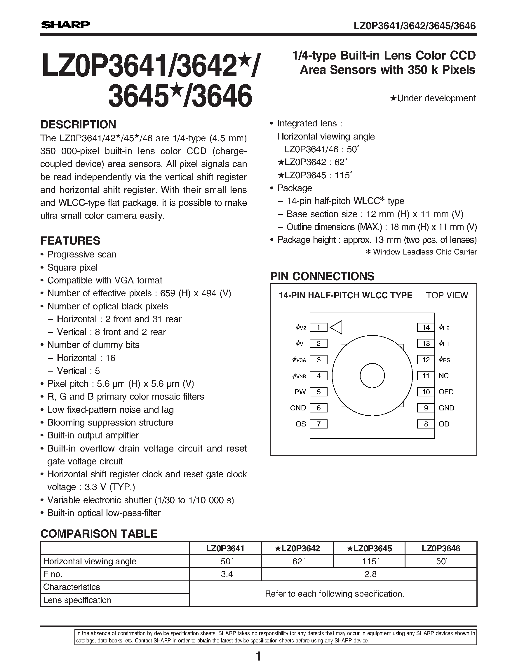 Datasheet LZ0P3646 page 1 Datasheet LZ0P3646 - 1/4-type Built-in Lens Color CCD Area Sensors with 350 k Pixels page 1