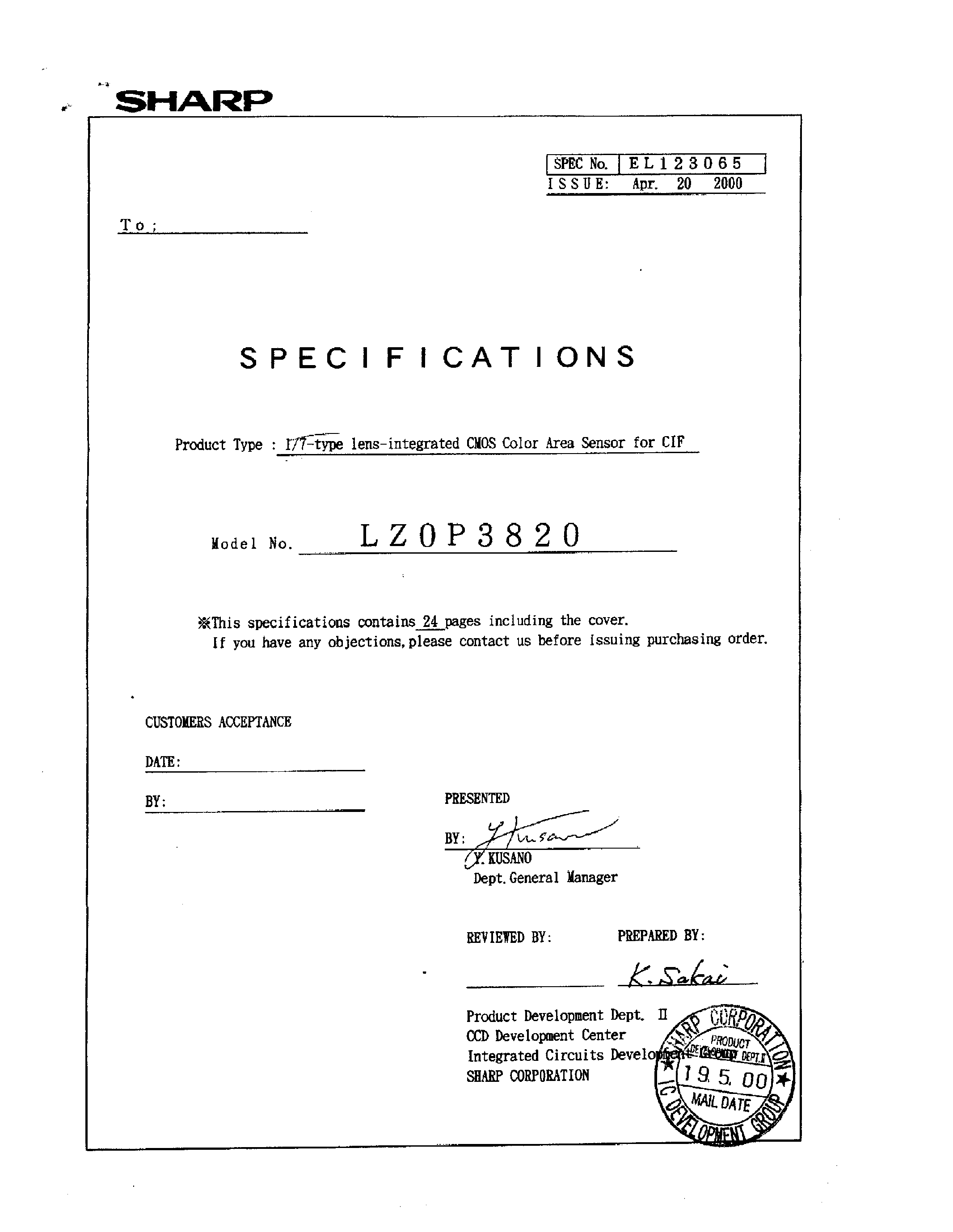 Даташит на микросхему LZ0P3820 страница 1 Даташит LZ0P3820 - l/7-type lens-integrated CMOS Color Area Sensor for CIF страница 1