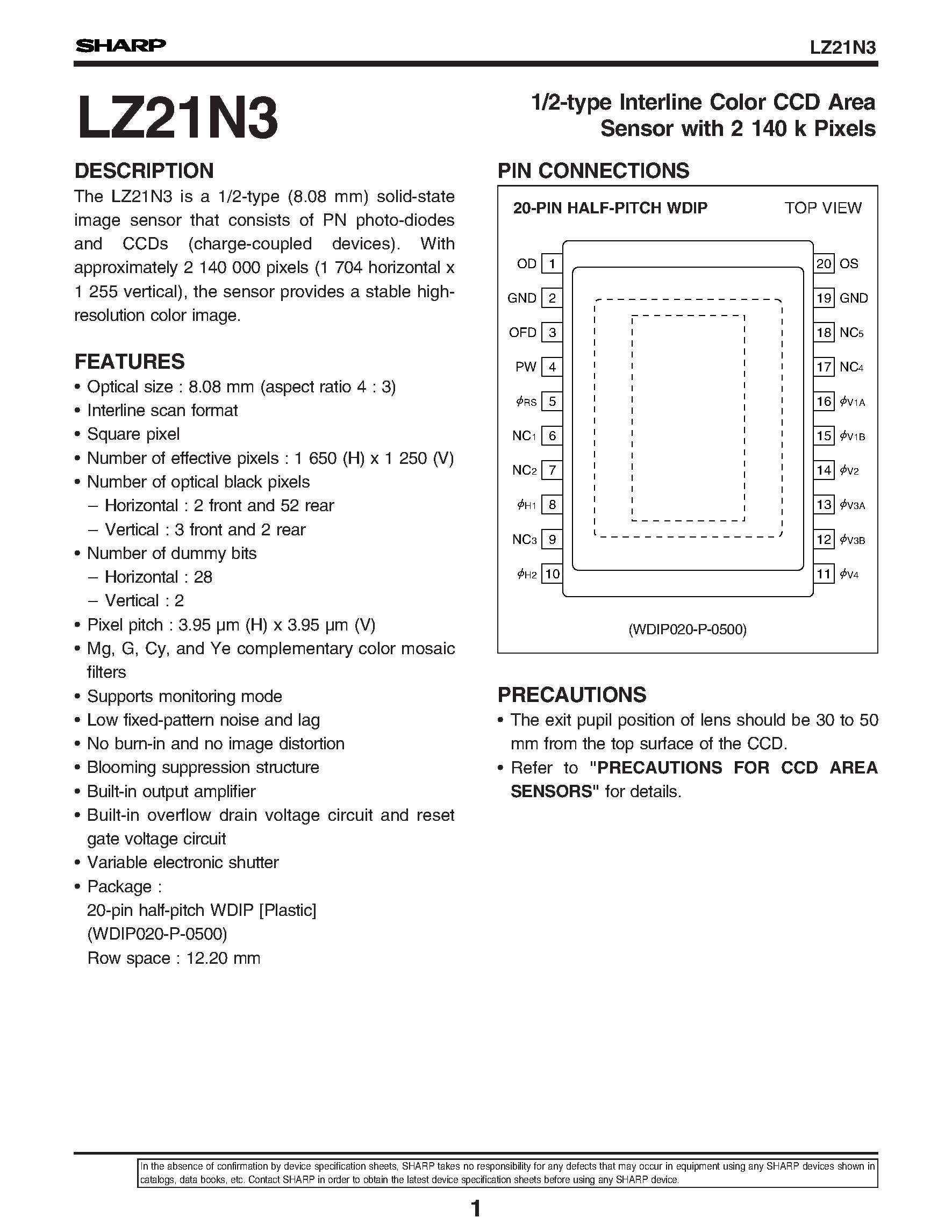 Datasheet LZ21N3 page 1 Datasheet LZ21N3 - 1/2-type Interline Color CCD Area Sensor with 2 140 k Pixels page 1