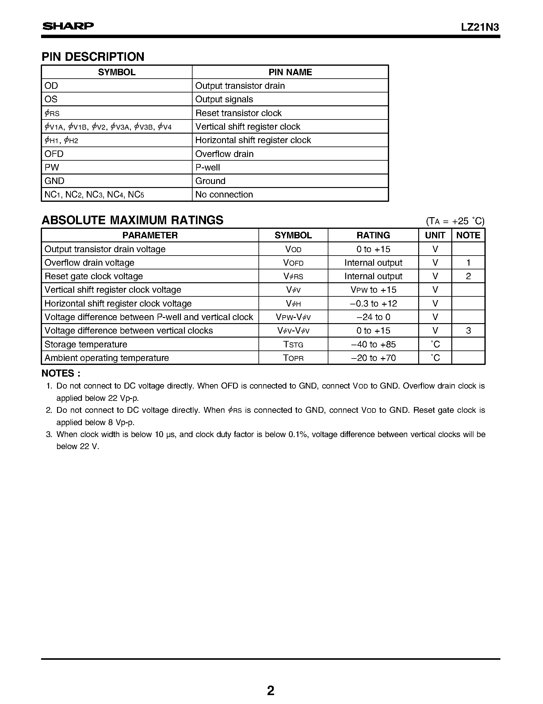 Datasheet LZ21N3 page 2 Datasheet LZ21N3 - 1/2-type Interline Color CCD Area Sensor with 2 140 k Pixels page 2