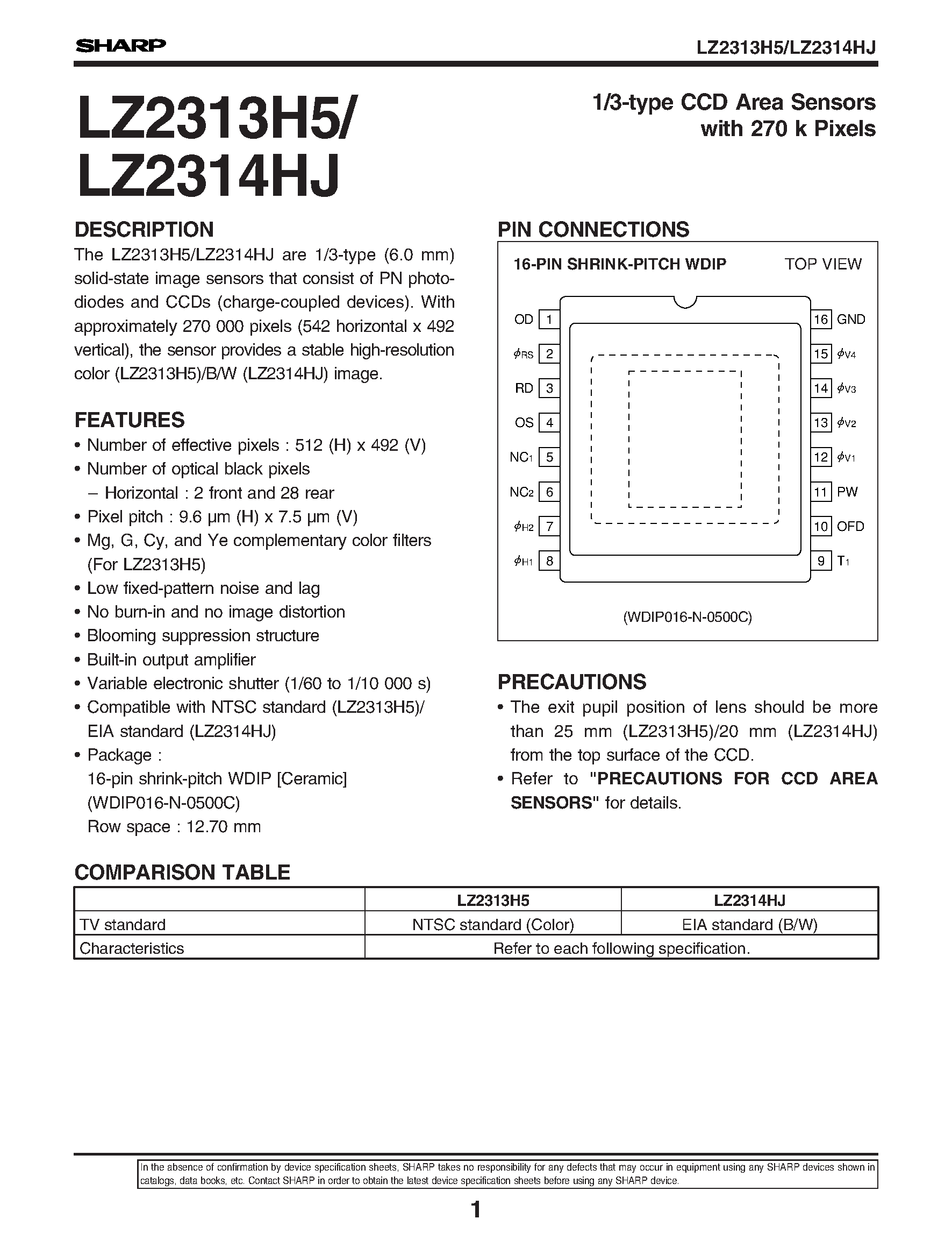 Datasheet LZ2313H5 - 1/3-type CCD Area Sensors with 270 k Pixels page 1
