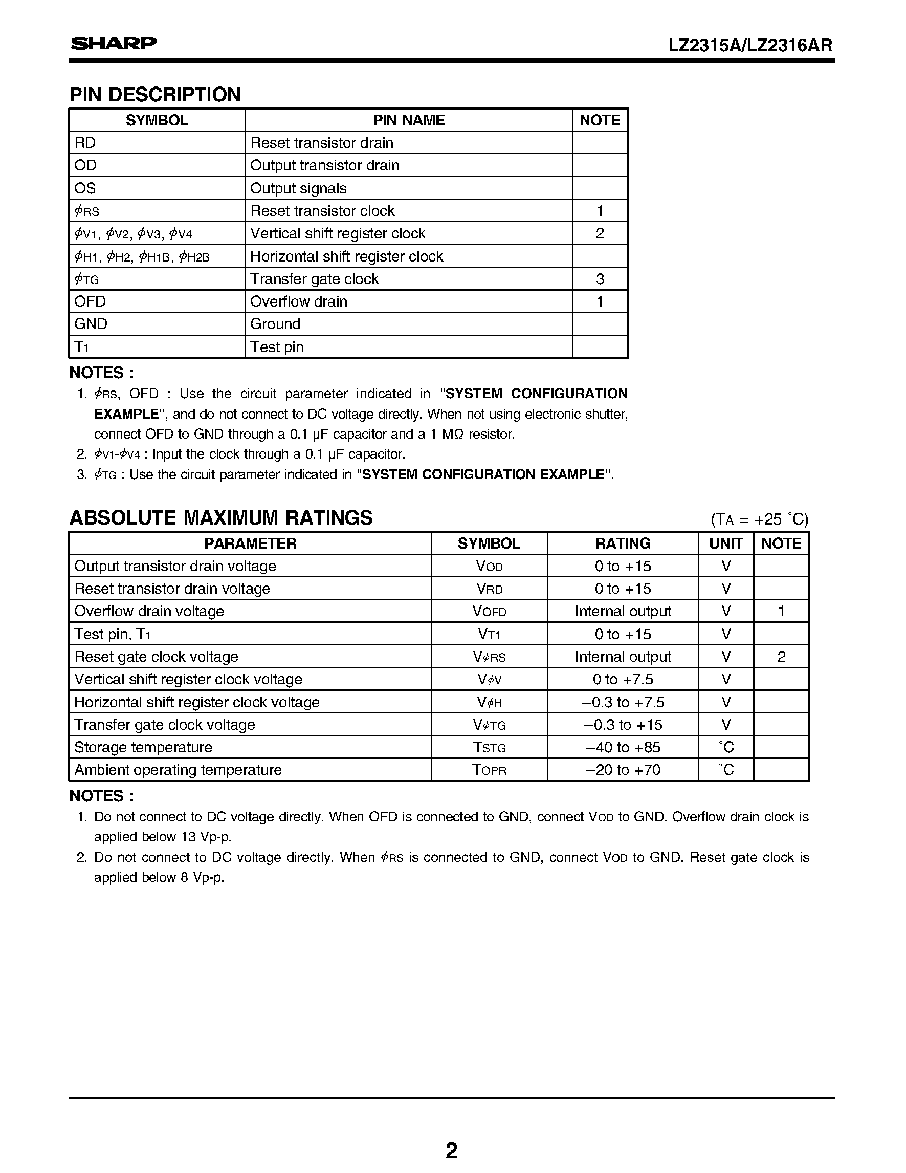 Datasheet LZ2316AR page 2 Datasheet LZ2316AR - Dual-power-supply (5 V/12 V) Operation 1/3-type CCD Area Sensors with 270 k Pixels page 2