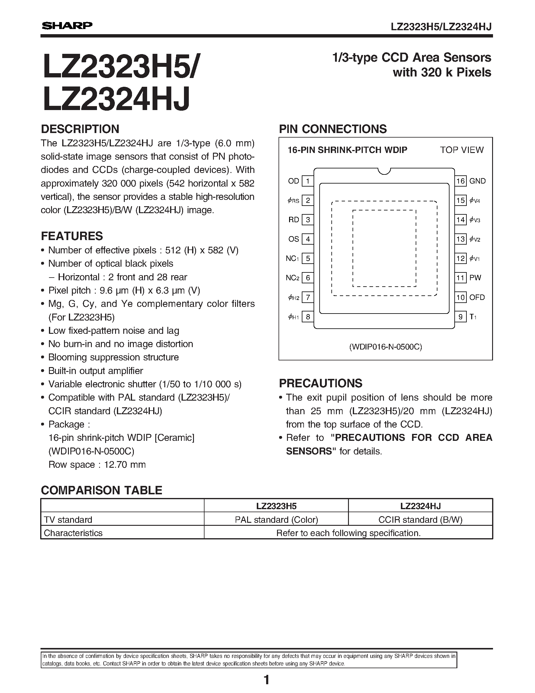 Datasheet LZ2323H5 - 1/3-type CCD Area Sensors with 320 k Pixels page 1