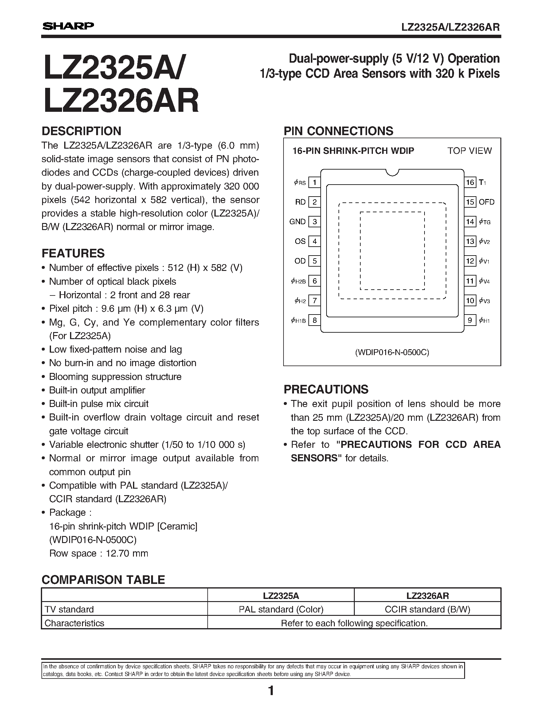 Datasheet LZ2325A - Dual-power-supply (5 V/12 V) Operation 1/3-type CCD Area Sensors with 320 k Pixels page 1