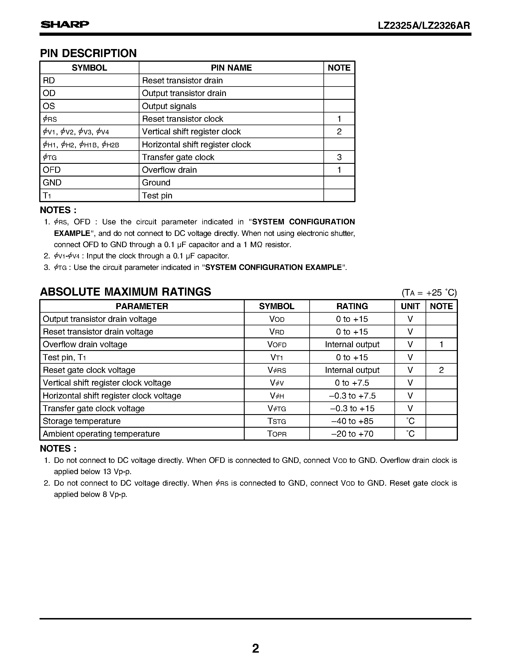 Datasheet LZ2325A page 2 Datasheet LZ2325A - Dual-power-supply (5 V/12 V) Operation 1/3-type CCD Area Sensors with 320 k Pixels page 2