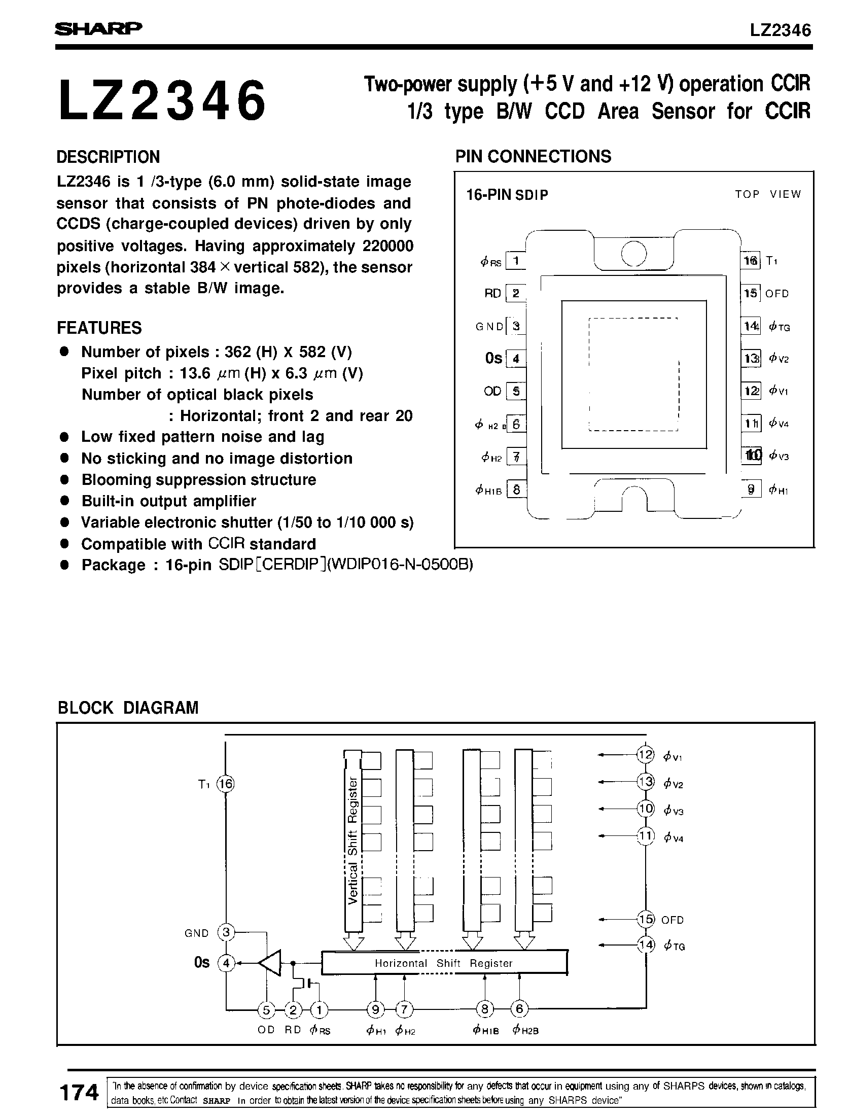 Даташит LZ2346 - Twopower supply (+5 V and +12 V) operation CCIR 1/3 type B/W CCD Area Sensor for CCIR страница 1