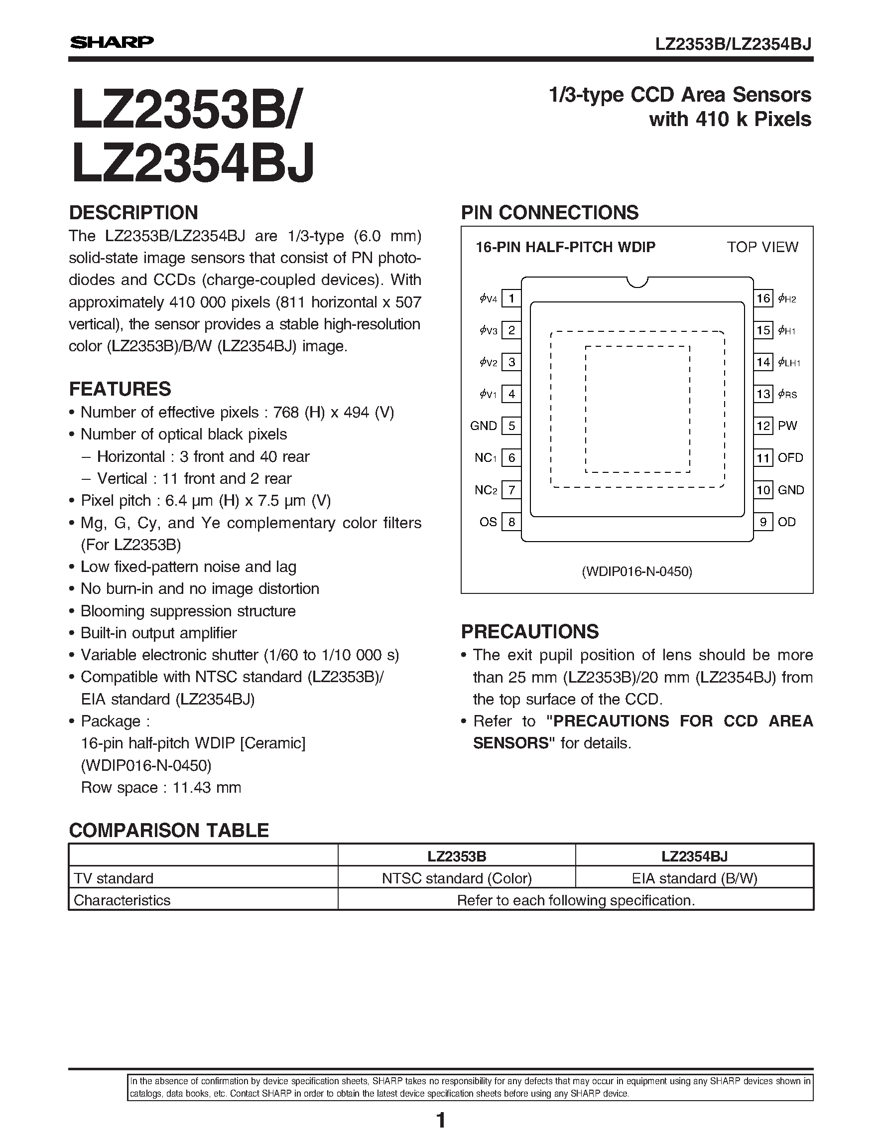 Datasheet LZ2354BJ - 1/3-type CCD Area Sensors with 410 k Pixels page 1