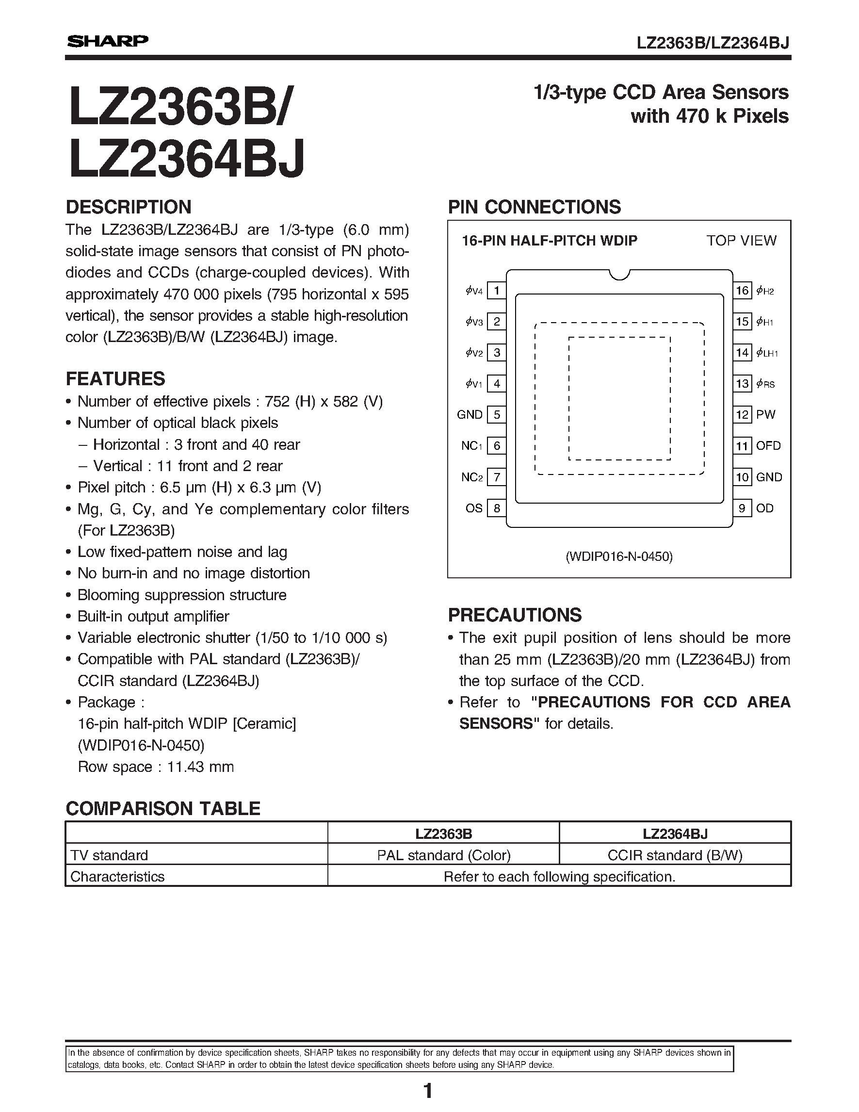 Datasheet LZ2363B - 1/3-type CCD Area Sensors with 470 k Pixels page 1