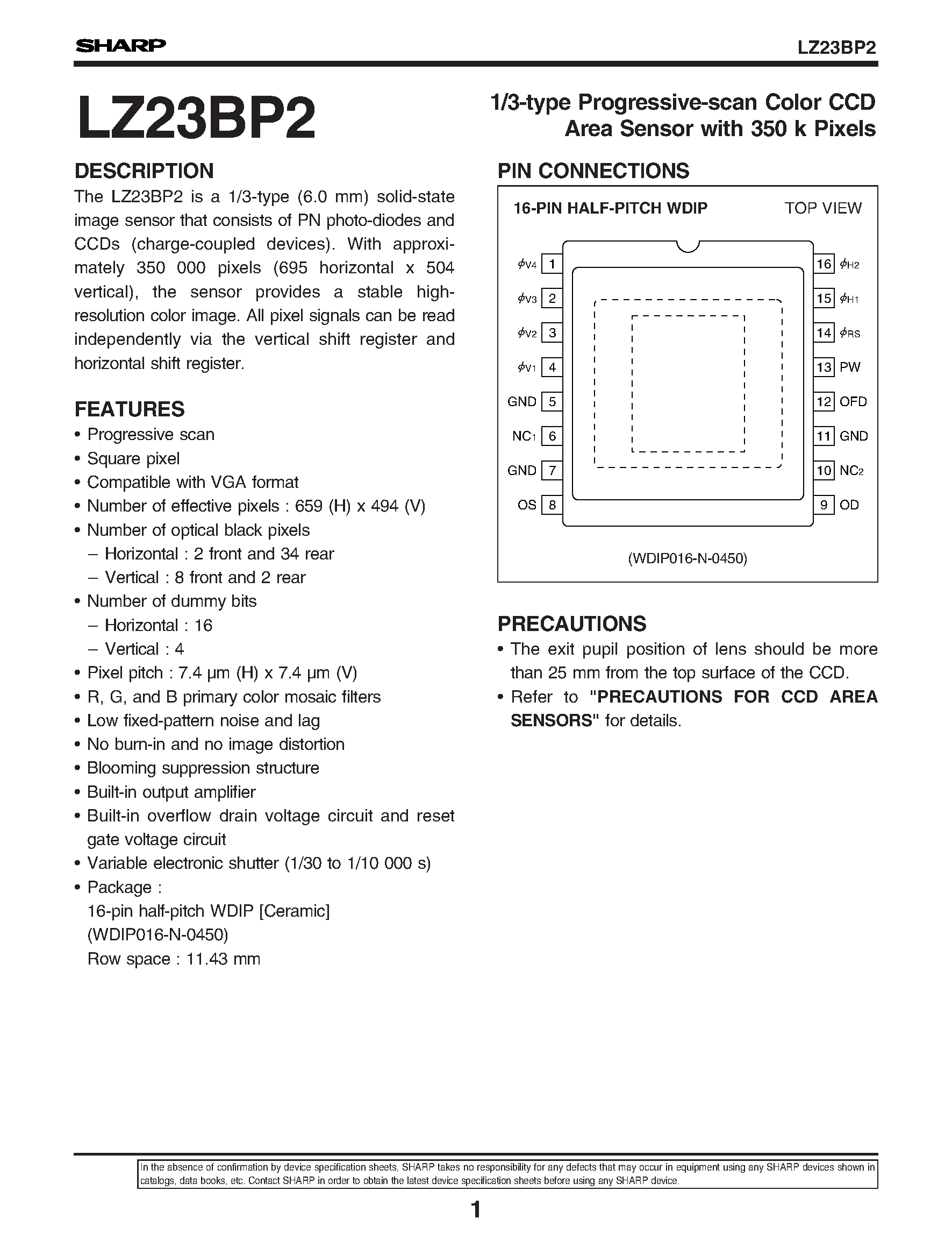 Datasheet LZ23BP2 - 1/3-type Progressive-scan Color CCD Area Sensor with 350 k Pixels page 1