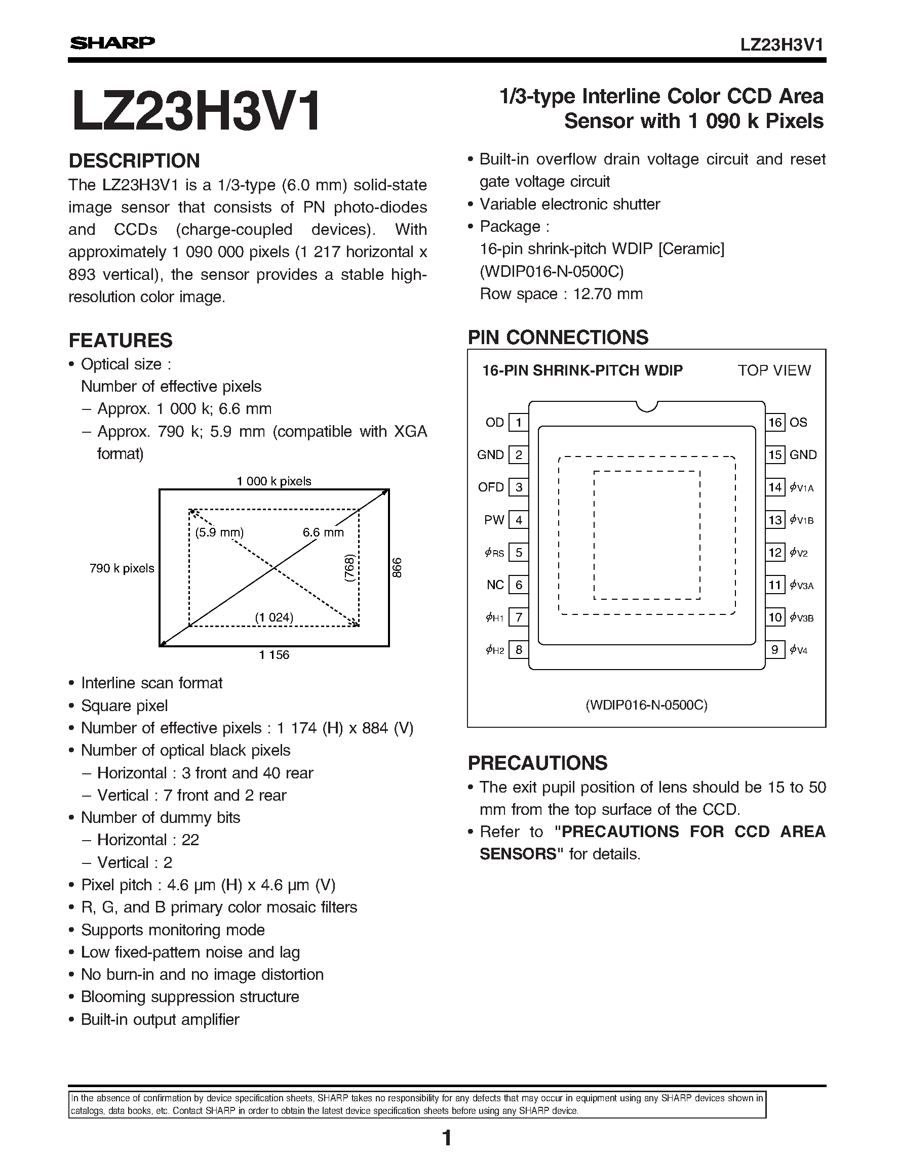 Datasheet LZ23H3V1 - 1/3-type Interline Color CCD Area Sensor with 1 090 k Pixels page 1