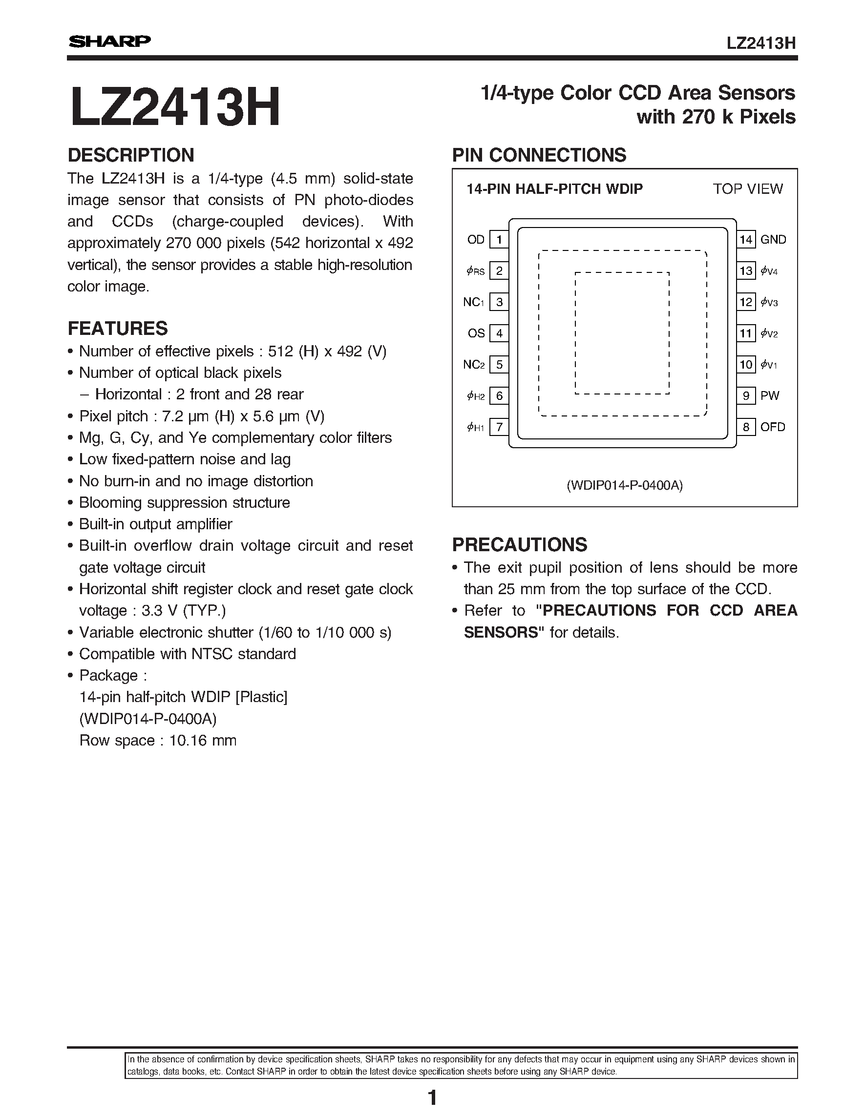 Datasheet LZ2413 - 1/4-type Color CCD Area Sensors with 270 k Pixels page 1