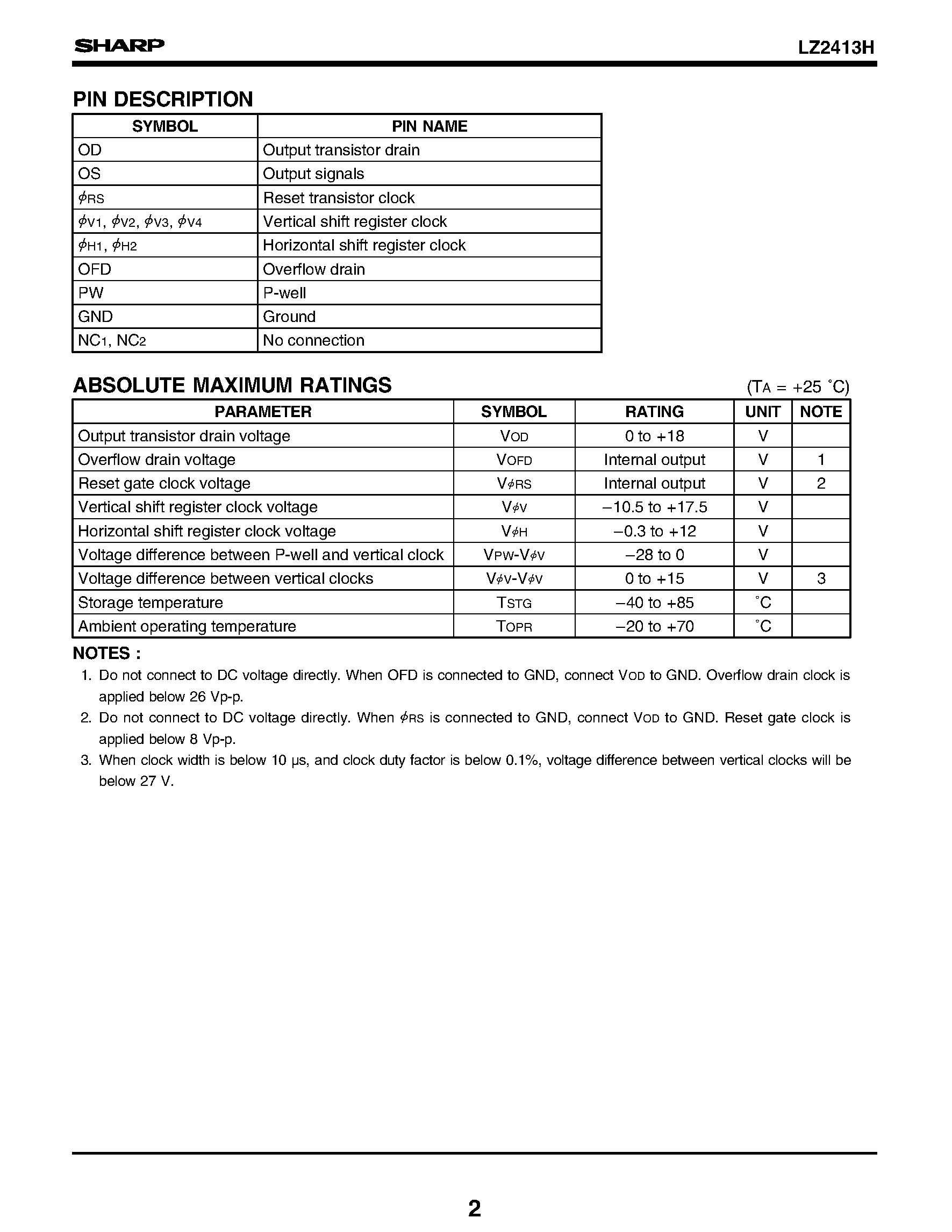Datasheet LZ2413 page 2 Datasheet LZ2413 - 1/4-type Color CCD Area Sensors with 270 k Pixels page 2