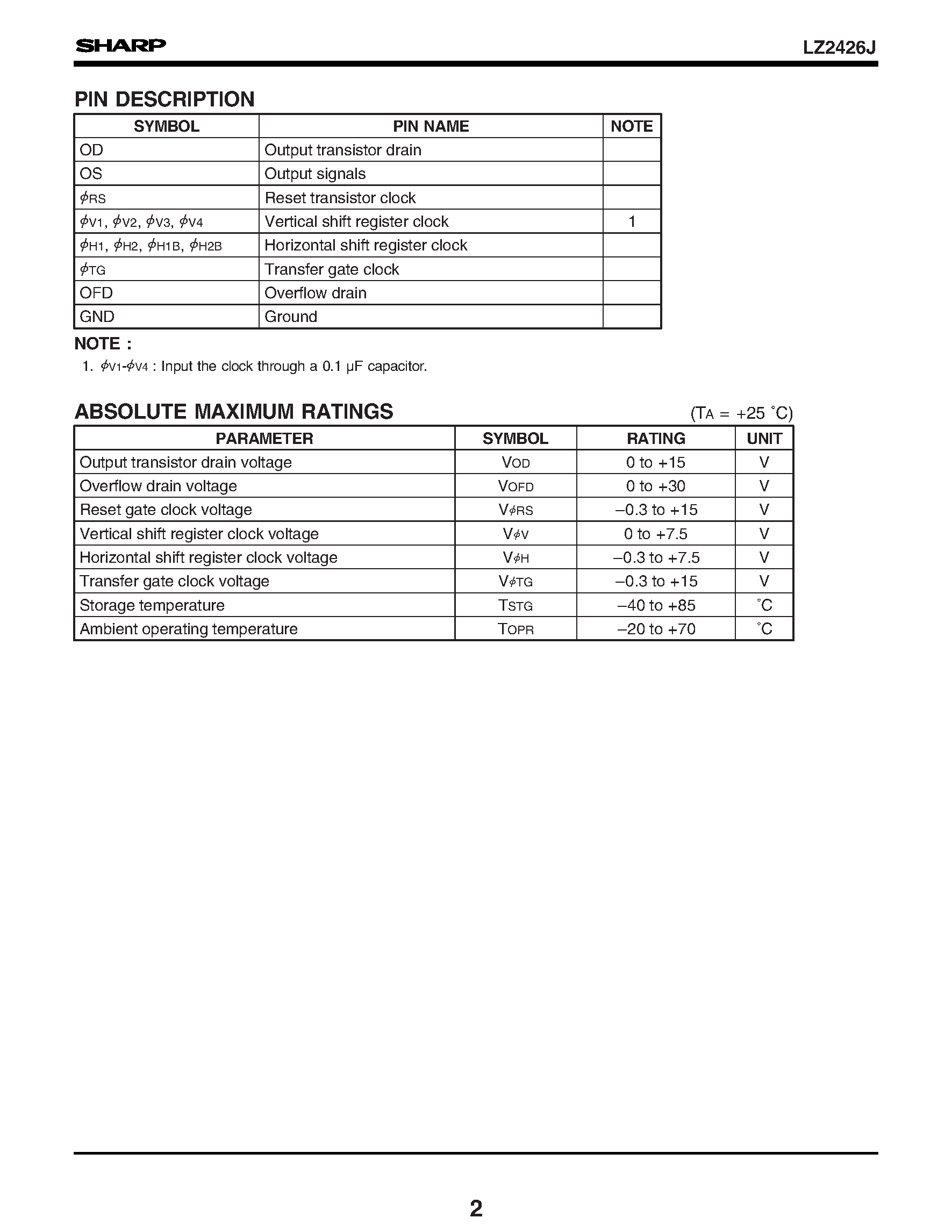 Datasheet LZ2426J page 2 Datasheet LZ2426J - Dual-power-supply (5 V/12 V) Operation 1/4-type B/W CCD Area Sensor with 320 k Pixels page 2