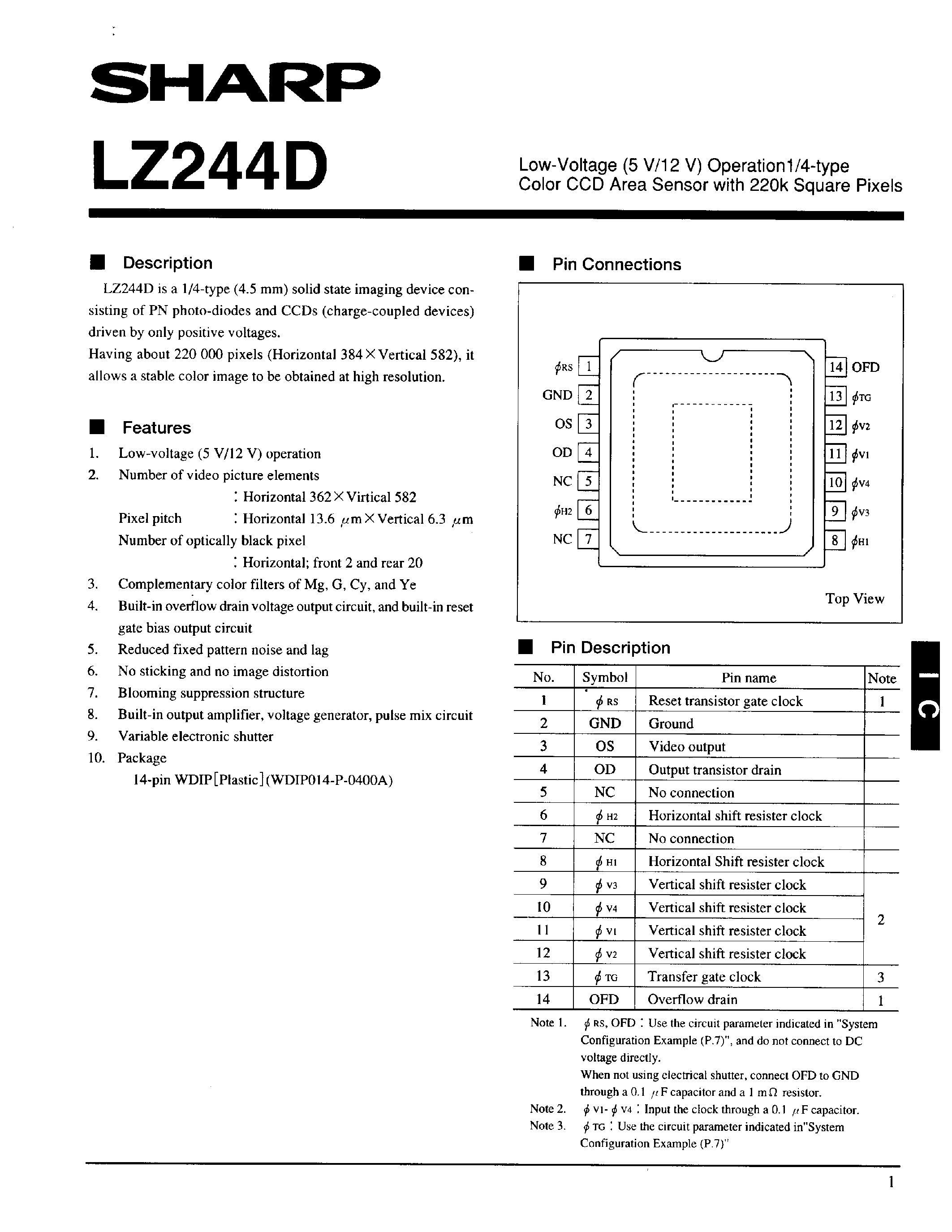Datasheet LZ244D page 1 Datasheet LZ244D - Low-Voltage(5V/12V) Operation1/4-type Color CCD Area Sensor with 220k Spuare Pixels page 1