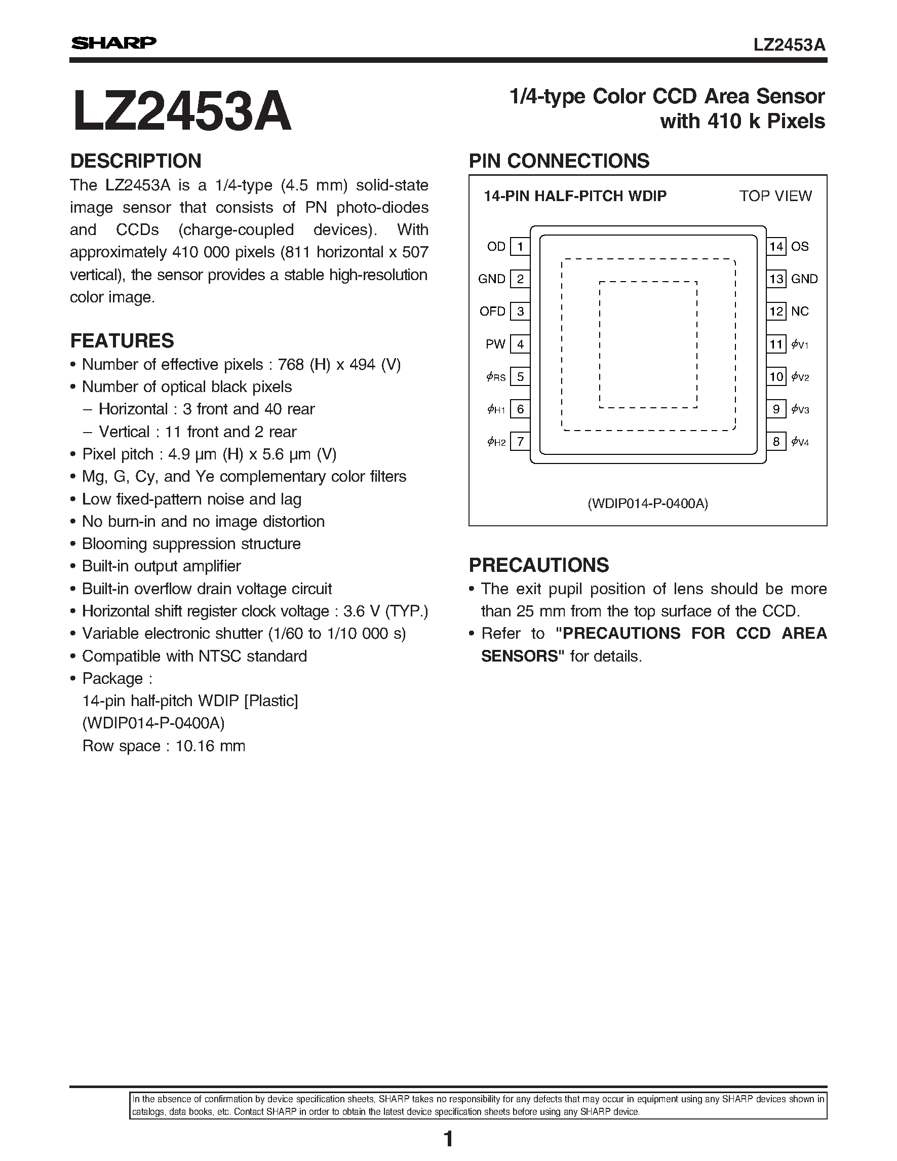 Datasheet LZ2453 page 1 Datasheet LZ2453 - 1/4-type Color CCD Area Sensor with 410 k Pixels page 1