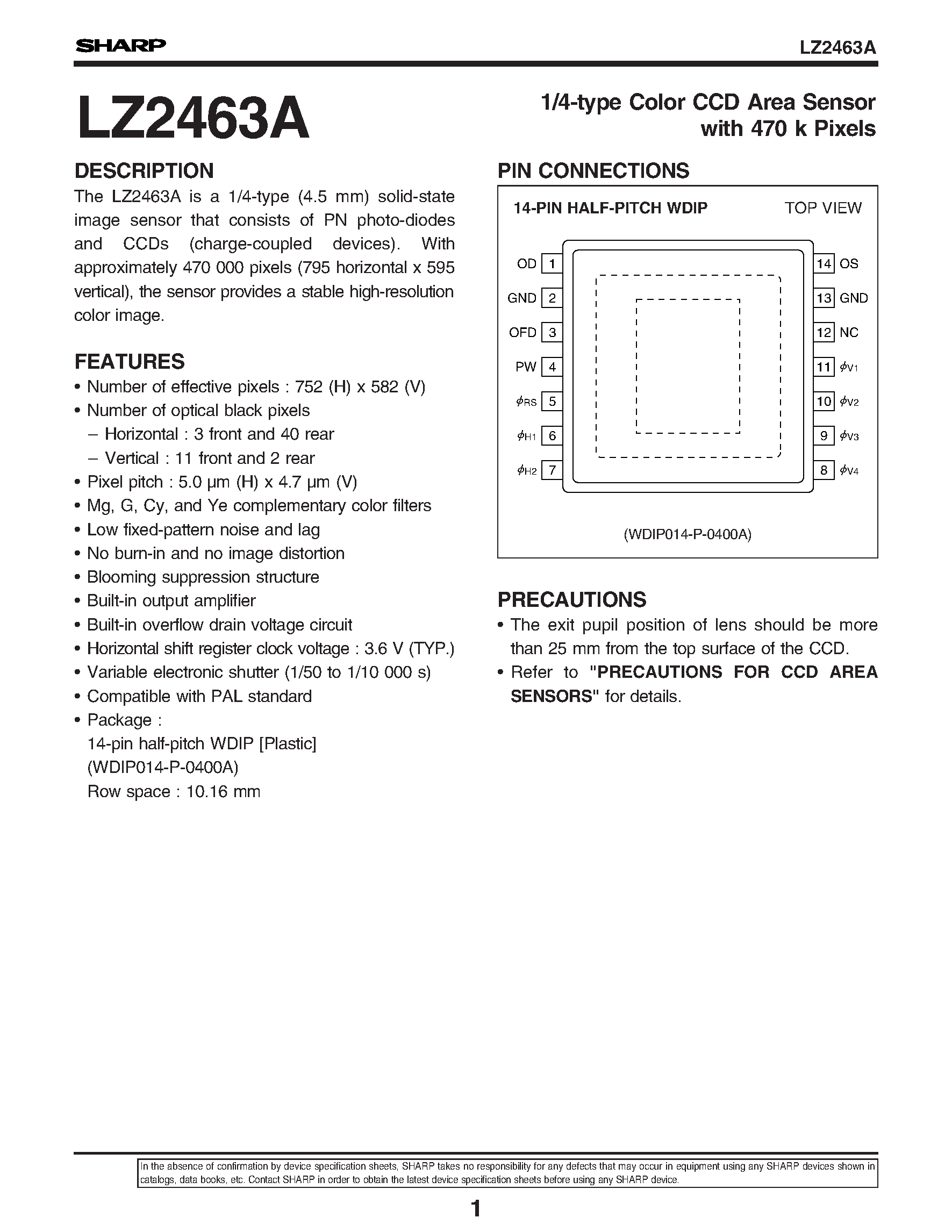 Datasheet LZ2463A - 1/4-type Color CCD Area Sensor with 470 k Pixels page 1