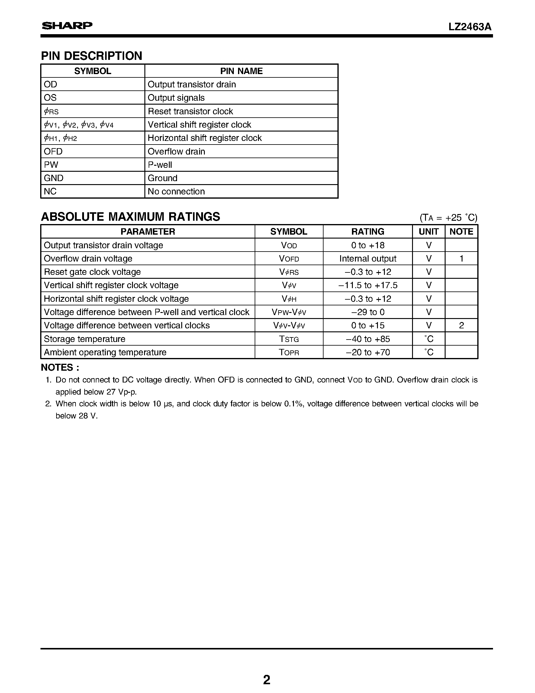 Datasheet LZ2463A page 2 Datasheet LZ2463A - 1/4-type Color CCD Area Sensor with 470 k Pixels page 2