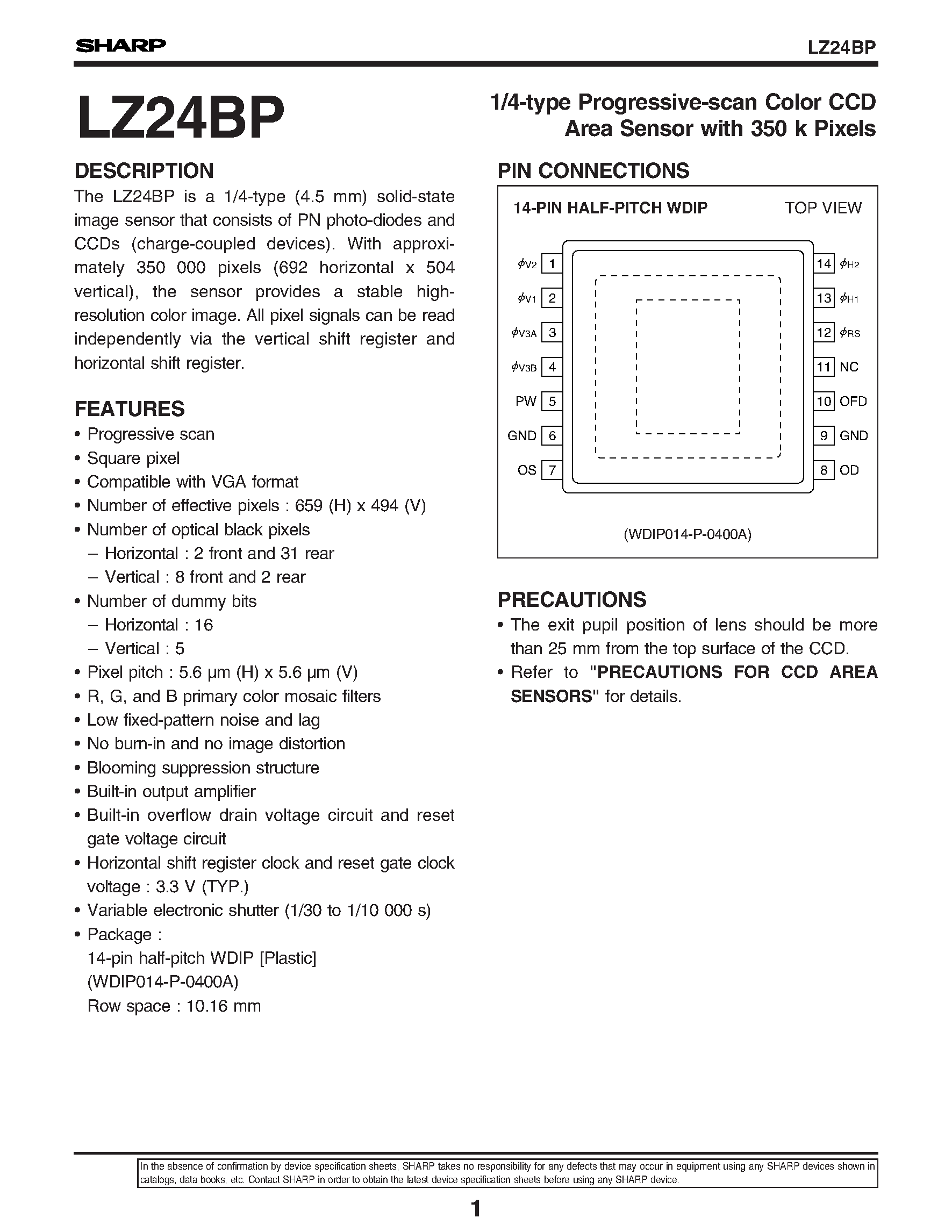 Datasheet LZ24BP - 1/4-type Progressive-scan Color CCD Area Sensor with 350 k Pixels page 1