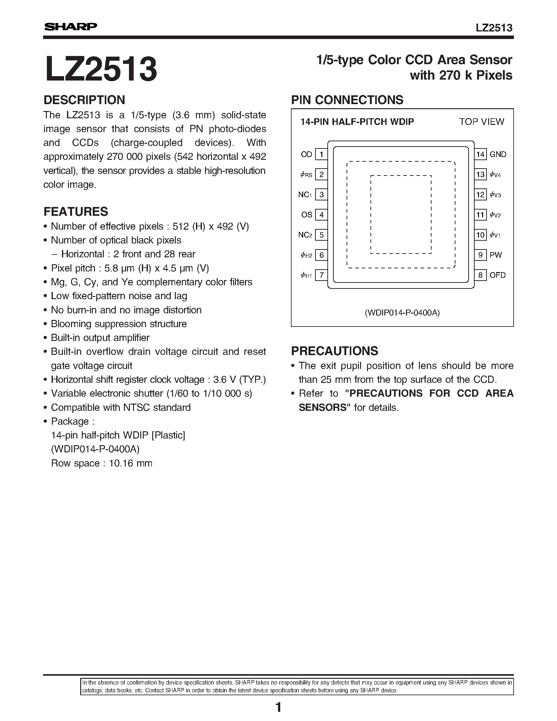 Datasheet LZ2513 - 1/5-type Color CCD Area Sensor with 270 k Pixels page 1