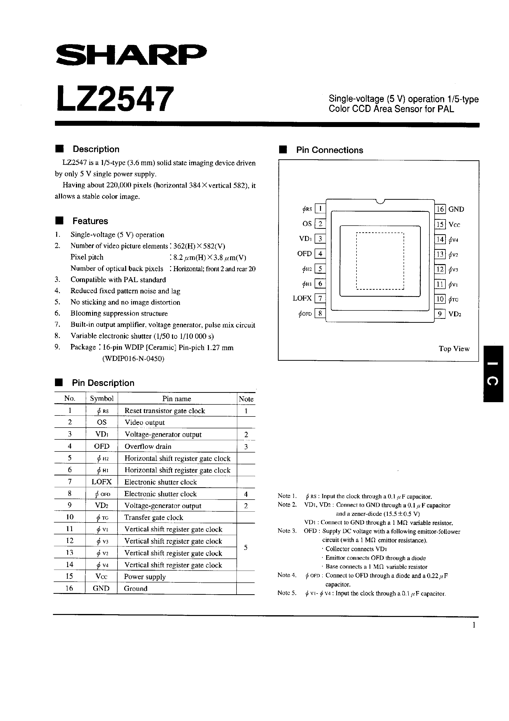 Datasheet LZ2547 page 1 Datasheet LZ2547 - Single-voltage(5V) operation 1/5-type Color CCD Area Sensor for PAL page 1