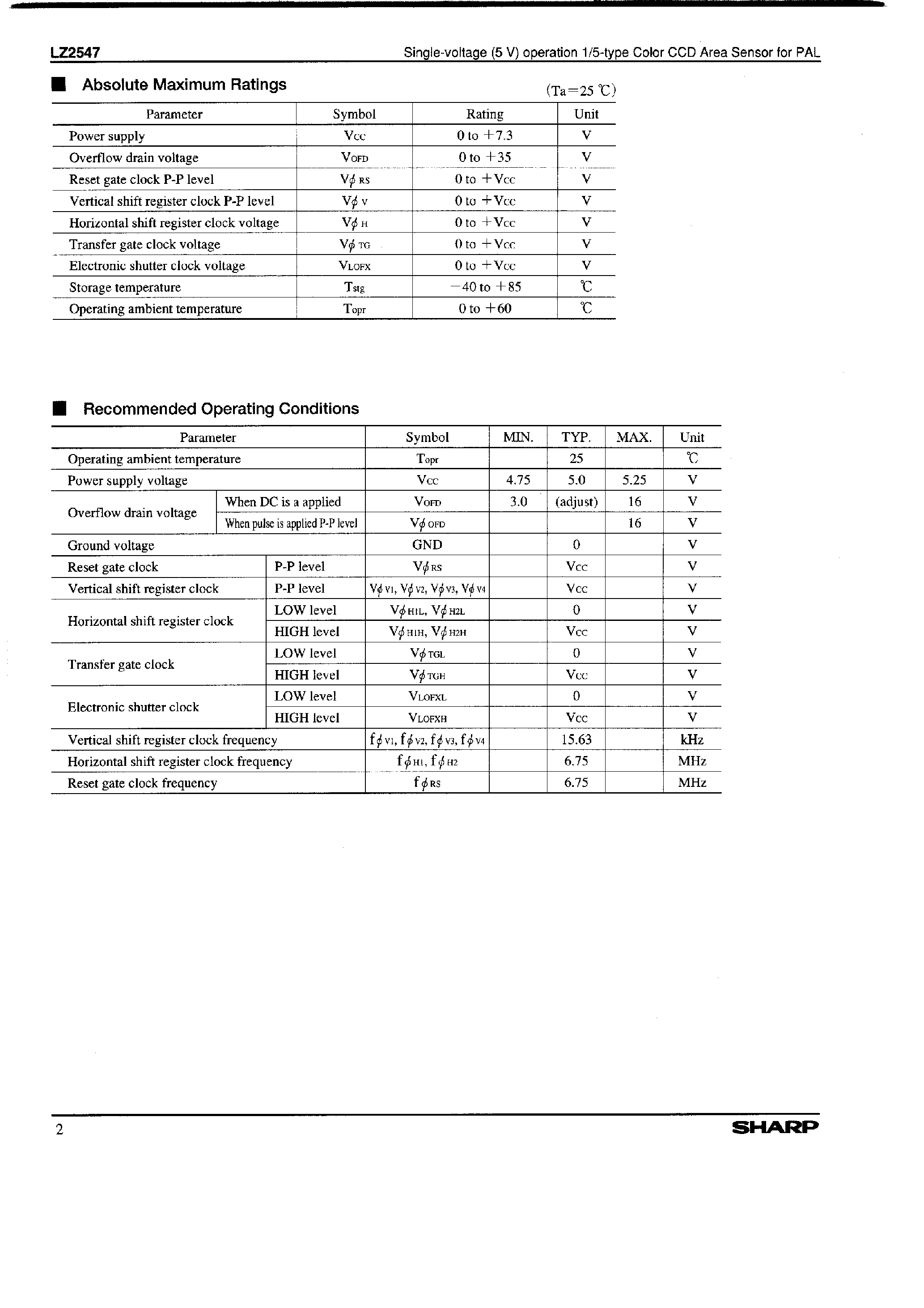 Datasheet LZ2547 page 2 Datasheet LZ2547 - Single-voltage(5V) operation 1/5-type Color CCD Area Sensor for PAL page 2