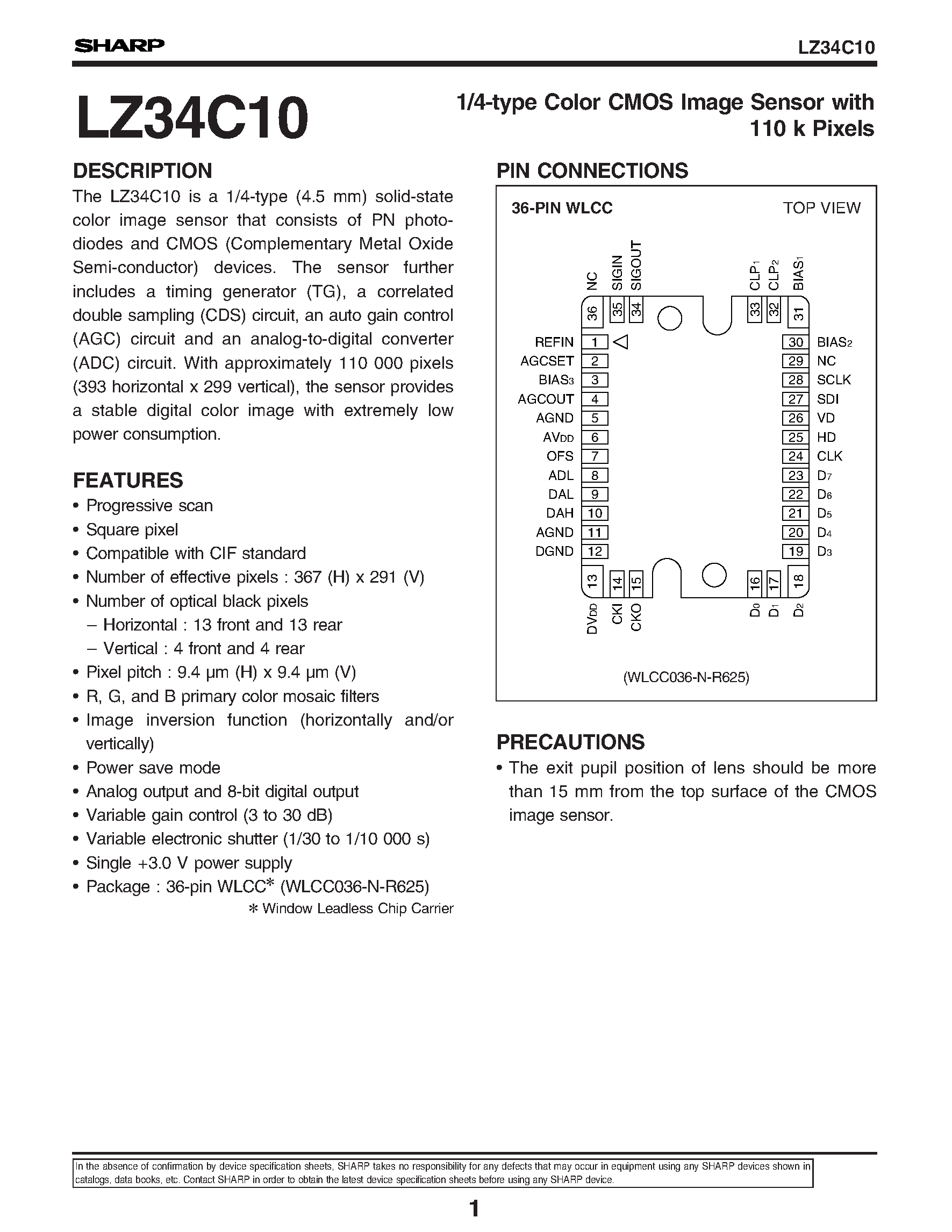 Даташит на микросхему LZ34C10 страница 1 Даташит LZ34C10 - 1/4-type Color CMOS Image Sensor with 110 k Pixels страница 1