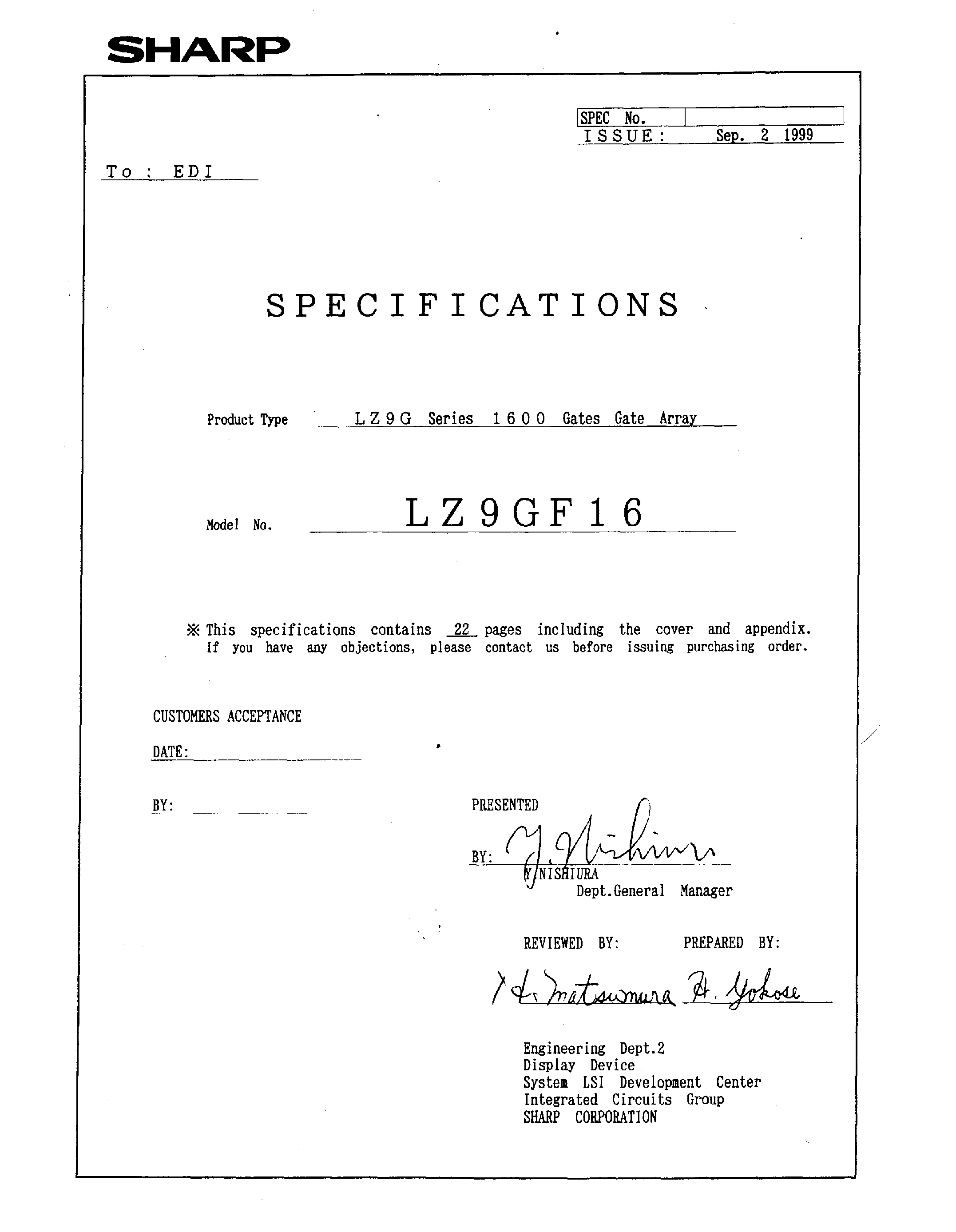 Datasheet LZ9GF16 page 1 Datasheet LZ9GF16 - LZ 9 G Series 1 6 0 0 Gates Gate Array page 1