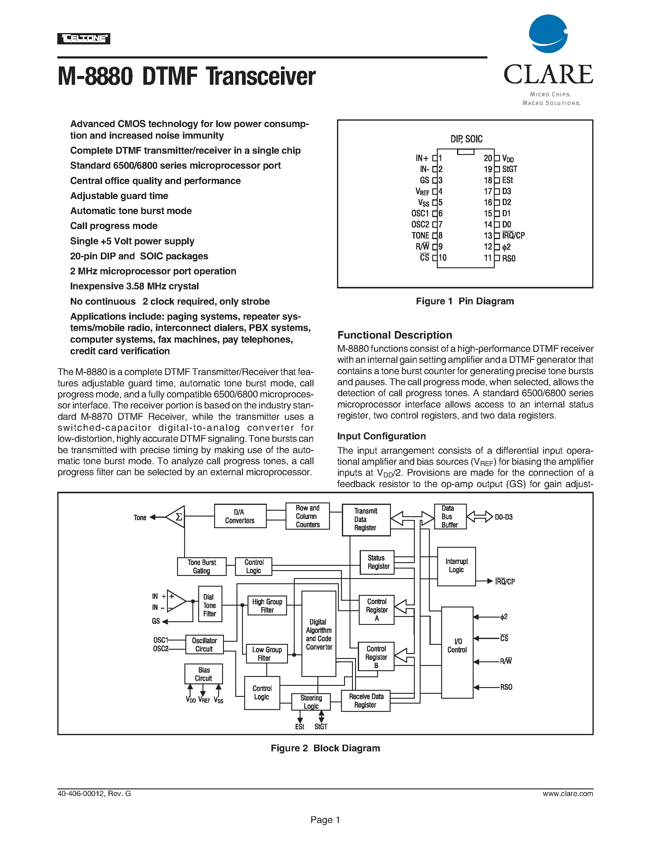 Datasheet M-8880 - M-8880 DTMF Transceiver page 1