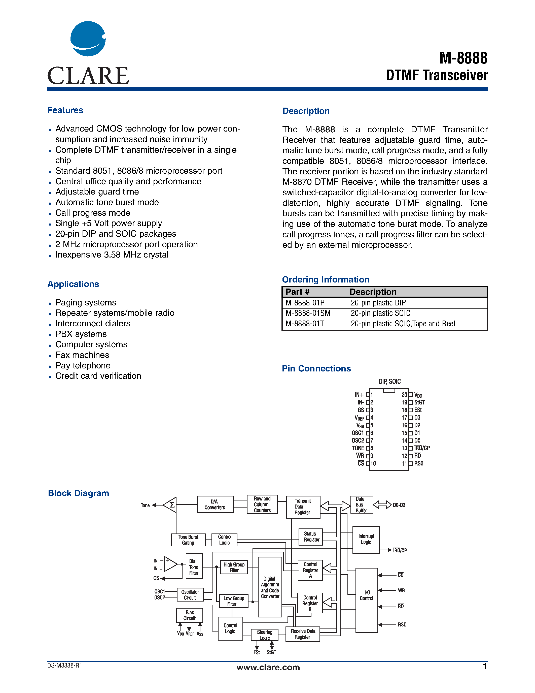 Даташит на микросхему M-8888-01P страница 1 Даташит M-8888-01P - DTMF Transceiver страница 1