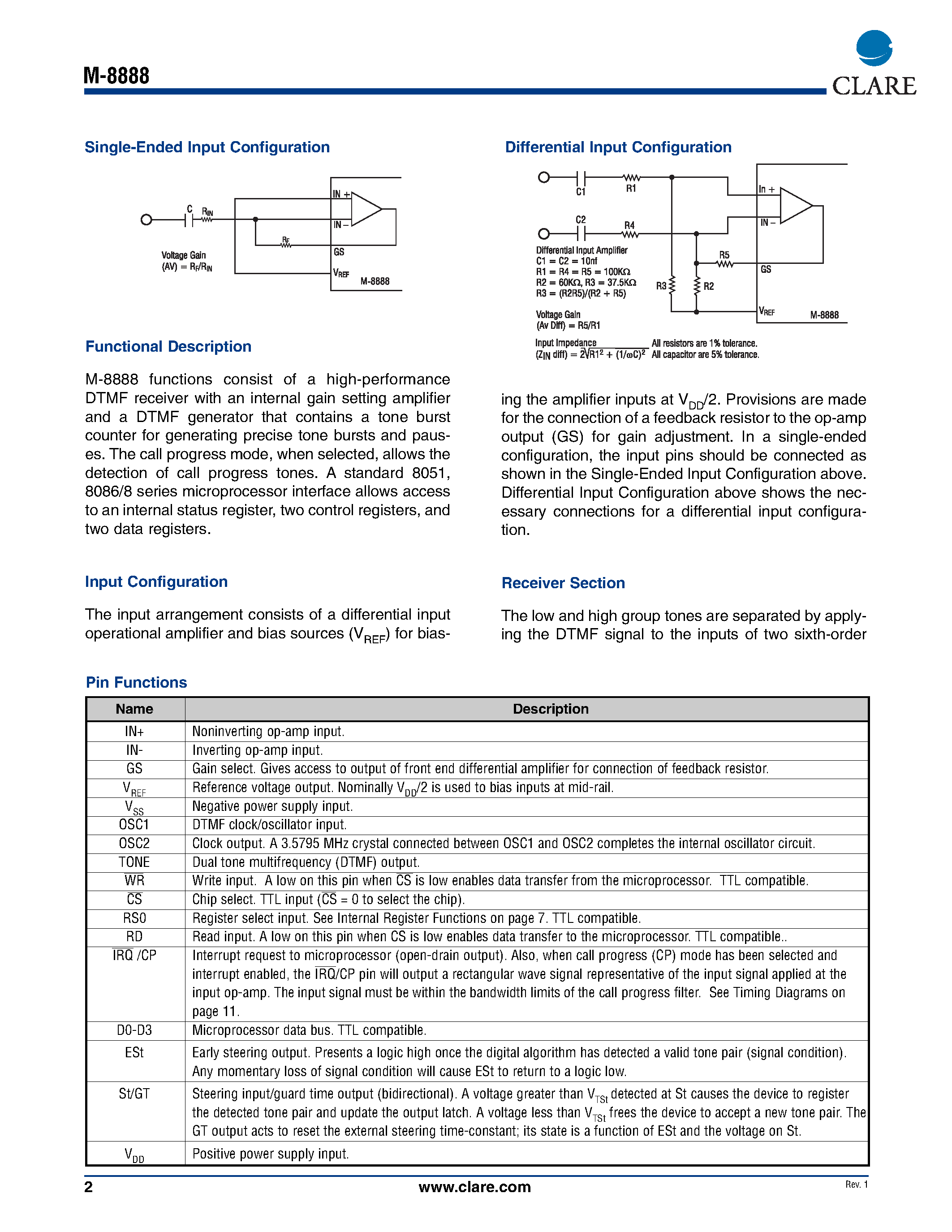 Даташит на микросхему M-8888-01P страница 2 Даташит M-8888-01P - DTMF Transceiver страница 2