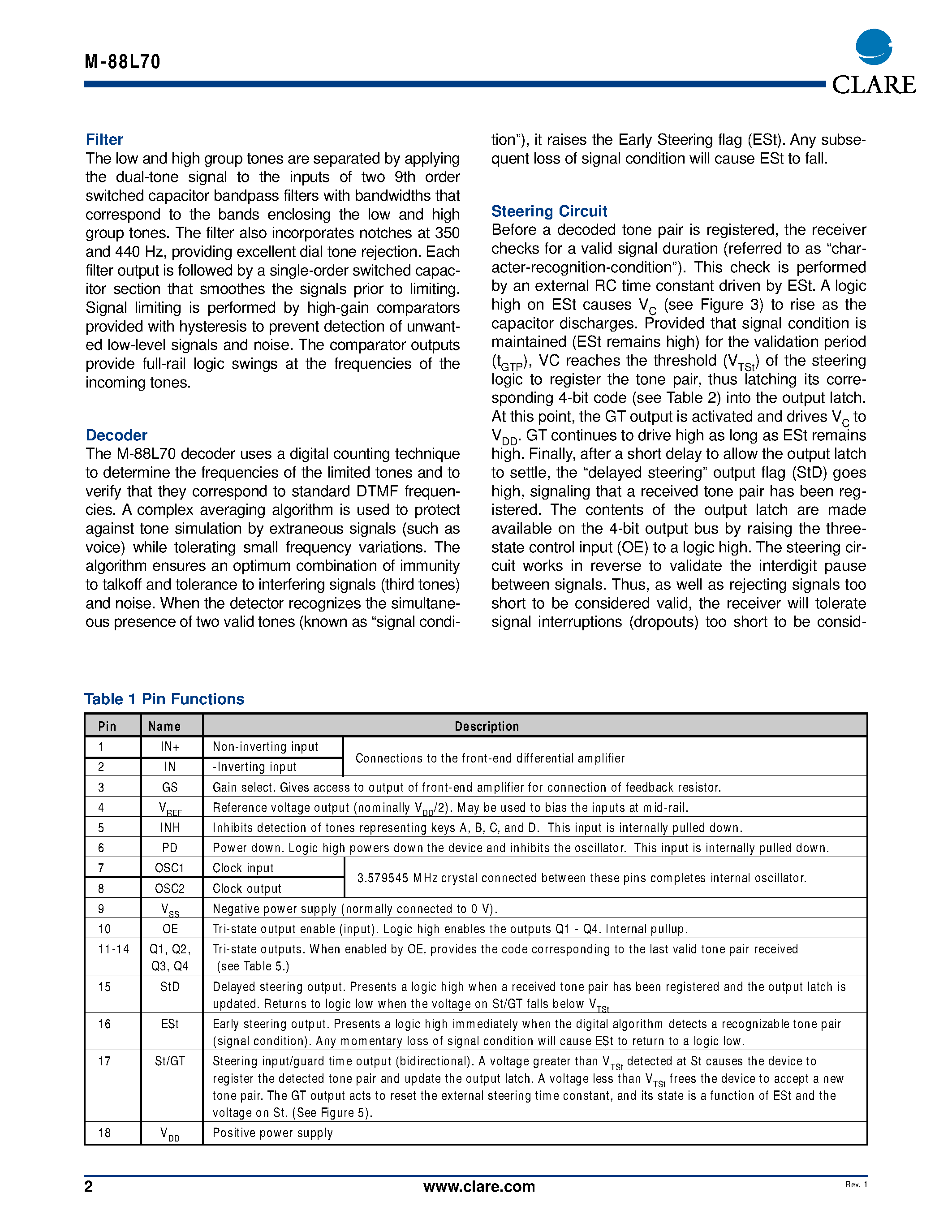 Даташит на микросхему M-88L70-01S страница 2 Даташит M-88L70-01S - 3V DTMF Receiver страница 2