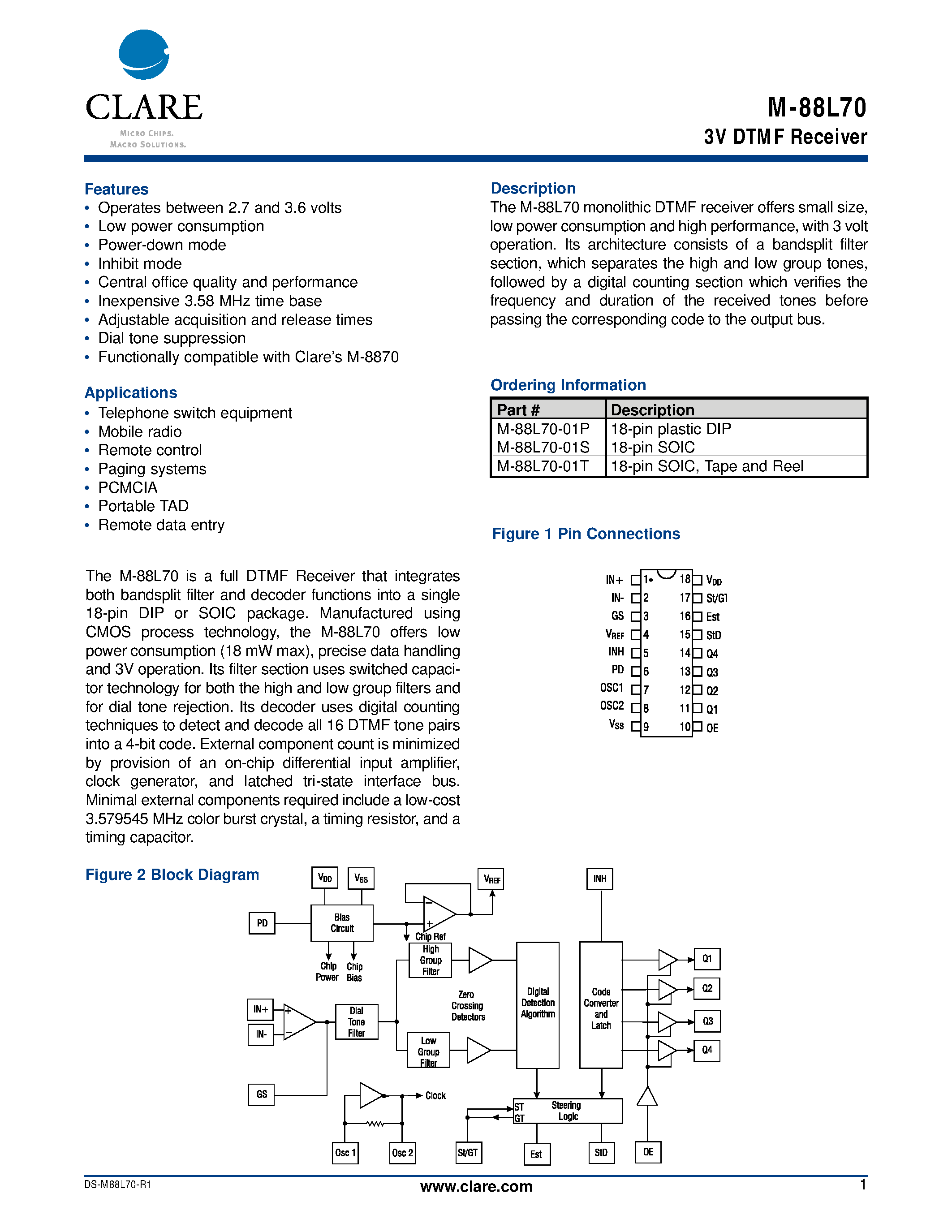 Даташит M-88L70-01T - 3V DTMF Receiver страница 1