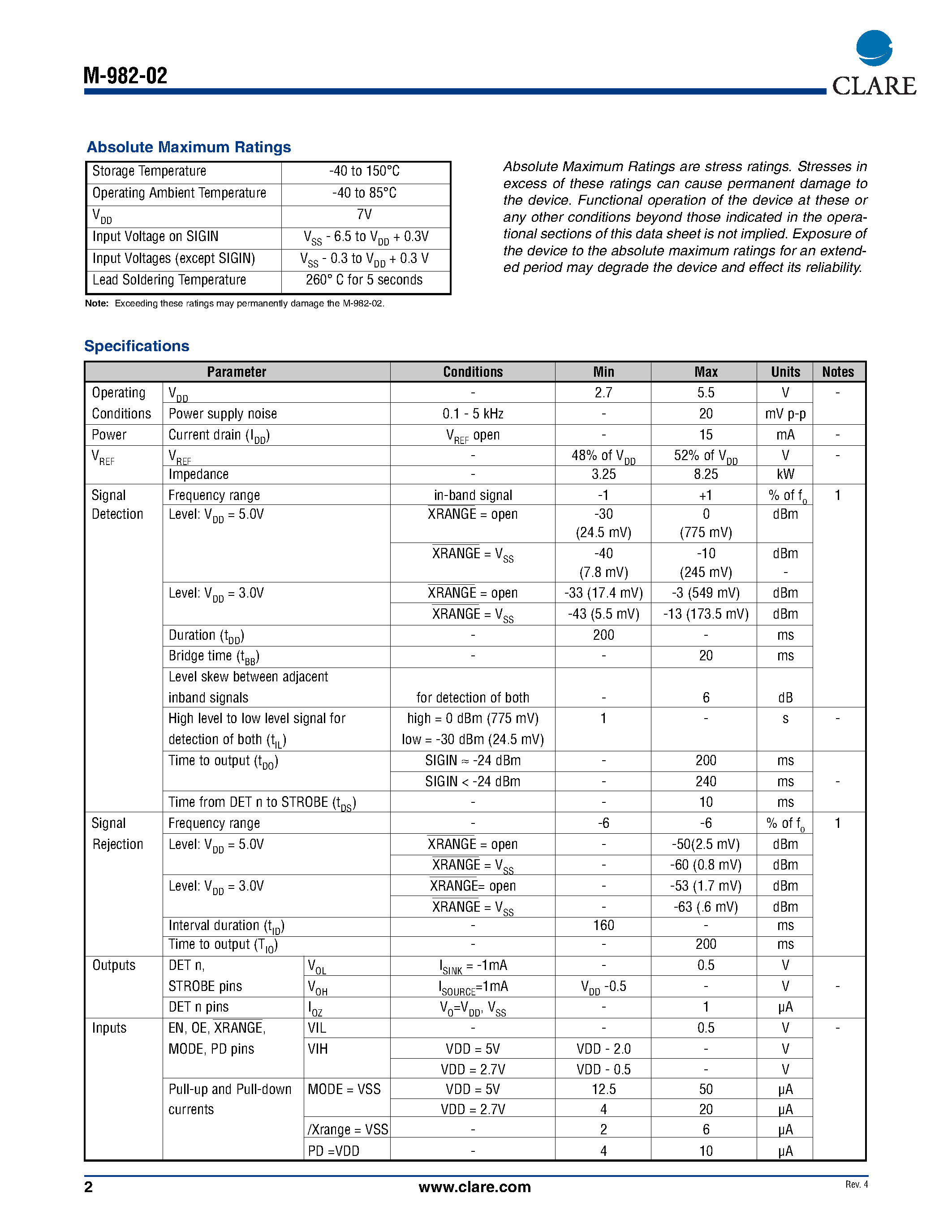 Datasheet M-982-02 page 2 Datasheet M-982-02 - Precise Call Progress Tone Detector page 2