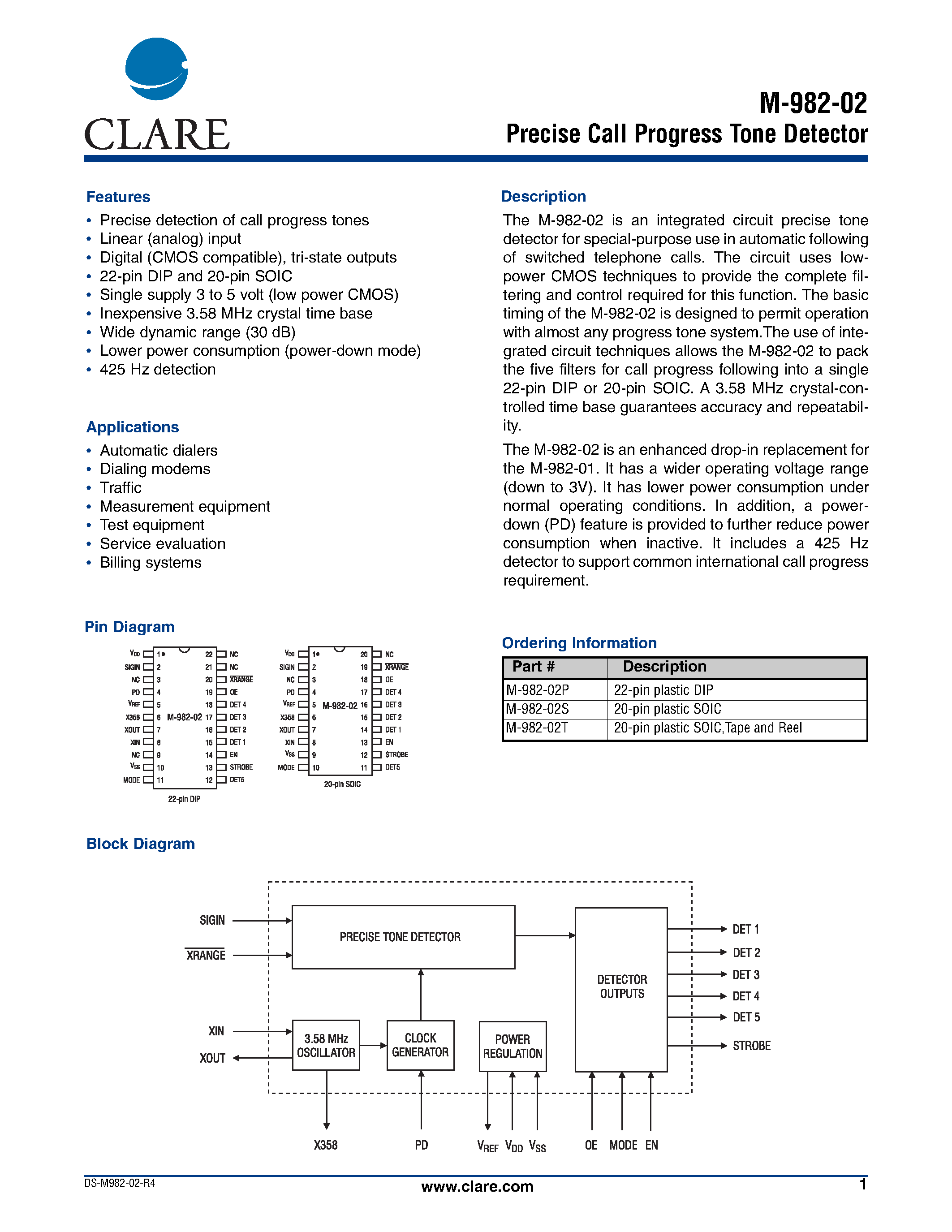 Даташит на микросхему M-982-02P страница 1 Даташит M-982-02P - Precise Call Progress Tone Detector страница 1
