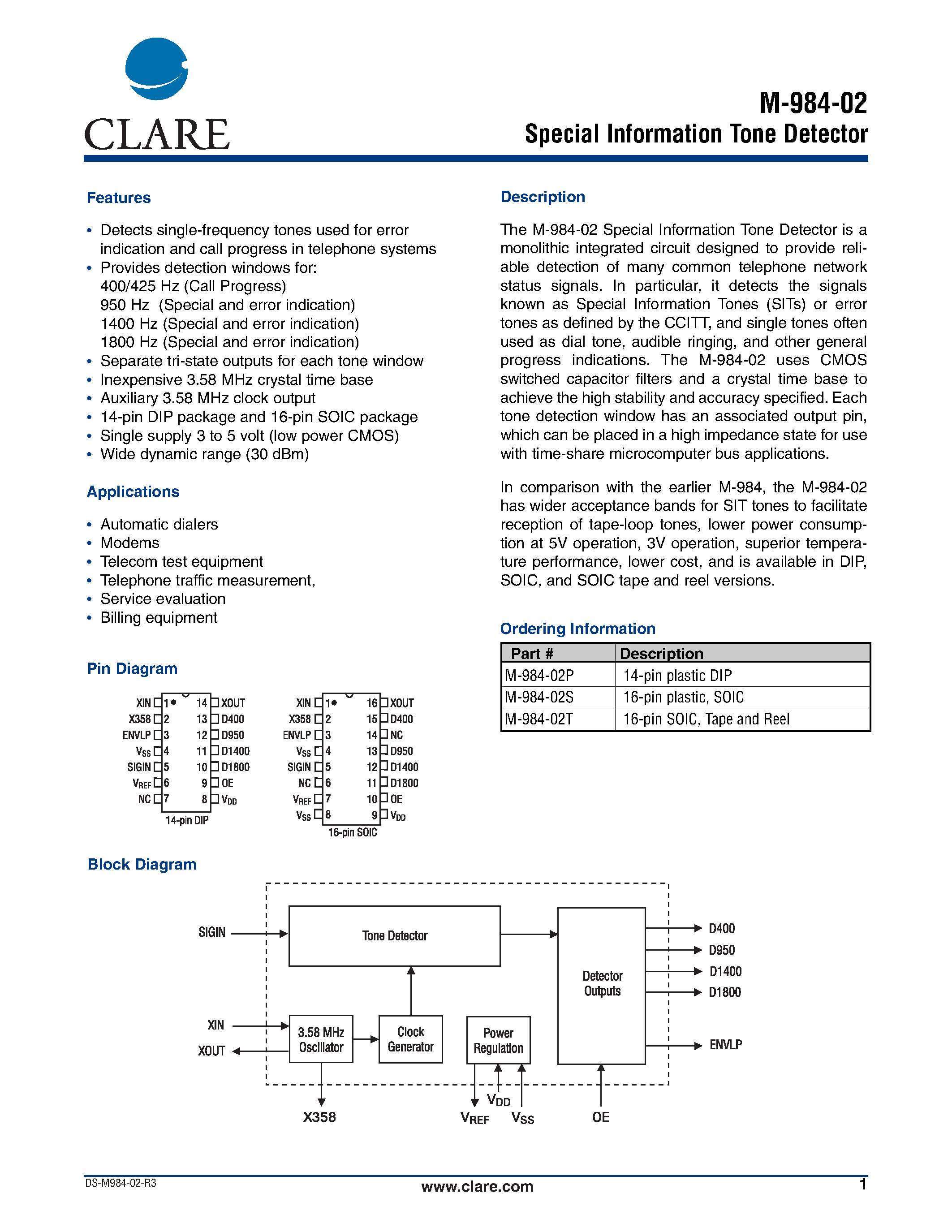 Даташит M-984-02S - Special Information Tone Detector страница 1