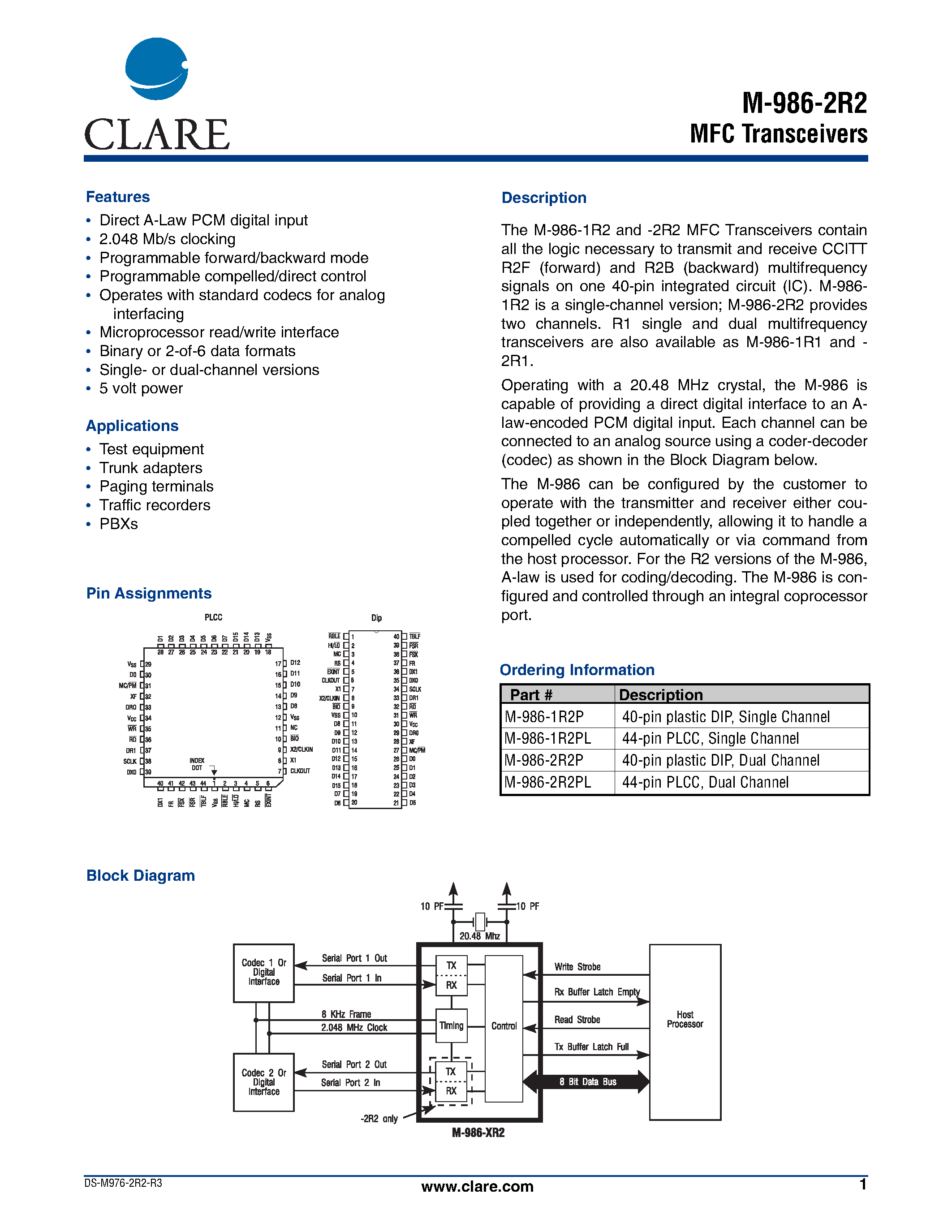 Даташит на микросхему M-986-1R2PL страница 1 Даташит M-986-1R2PL - MFC Transceivers страница 1