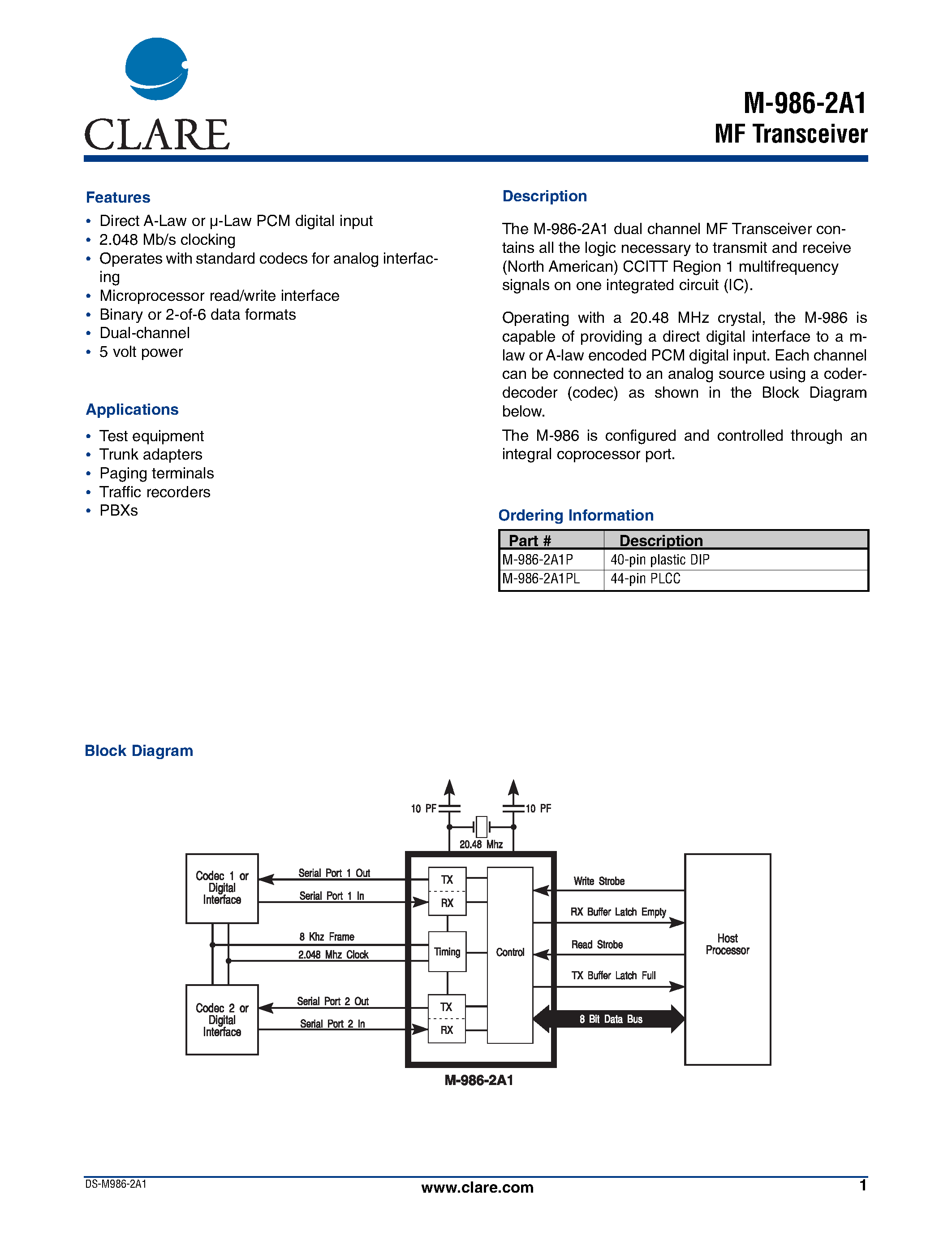 Даташит на микросхему M-986-2A1P страница 1 Даташит M-986-2A1P - MF Transceiver страница 1