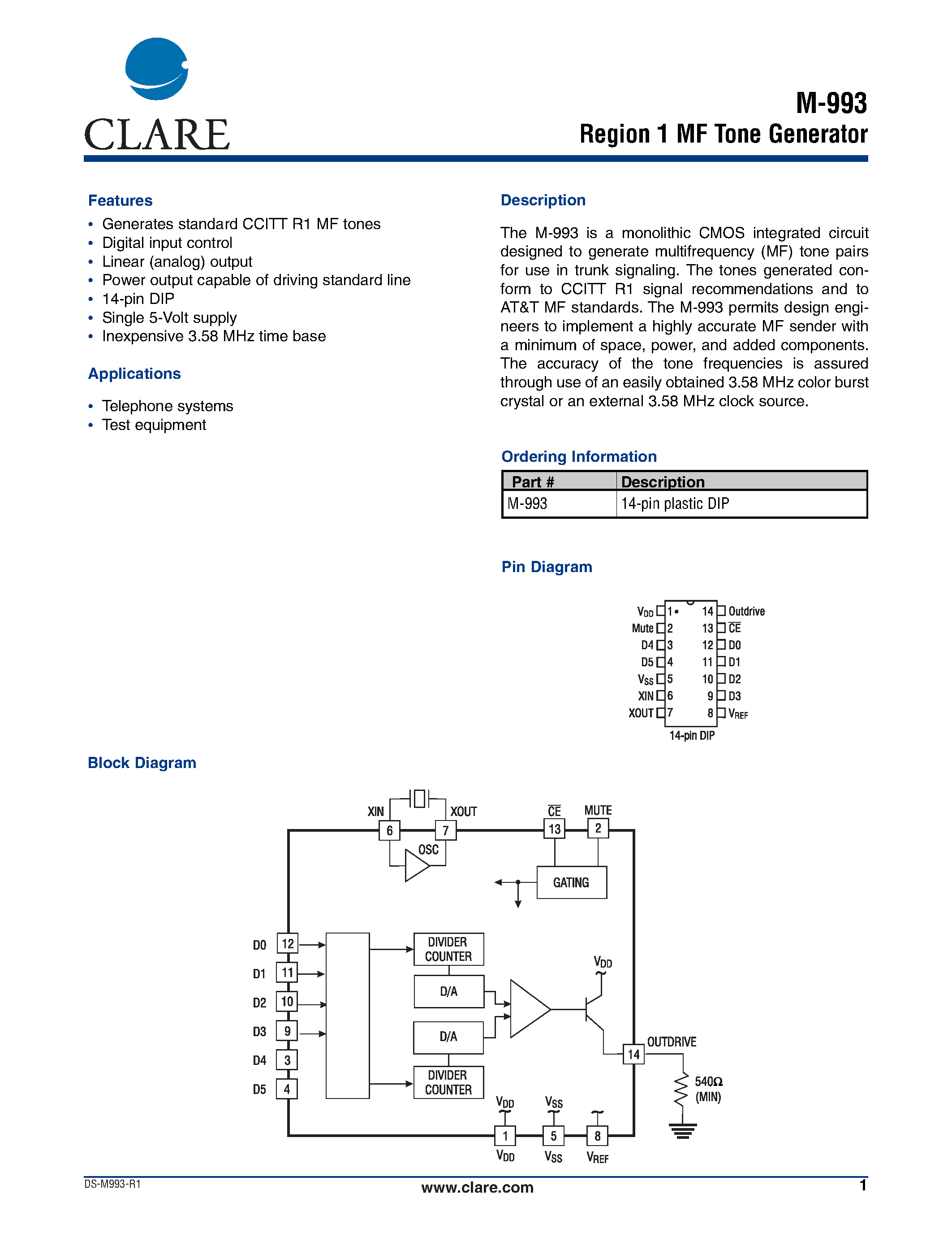 Даташит на микросхему M-993 страница 1 Даташит M-993 - Region 1 MF Tone Generator страница 1