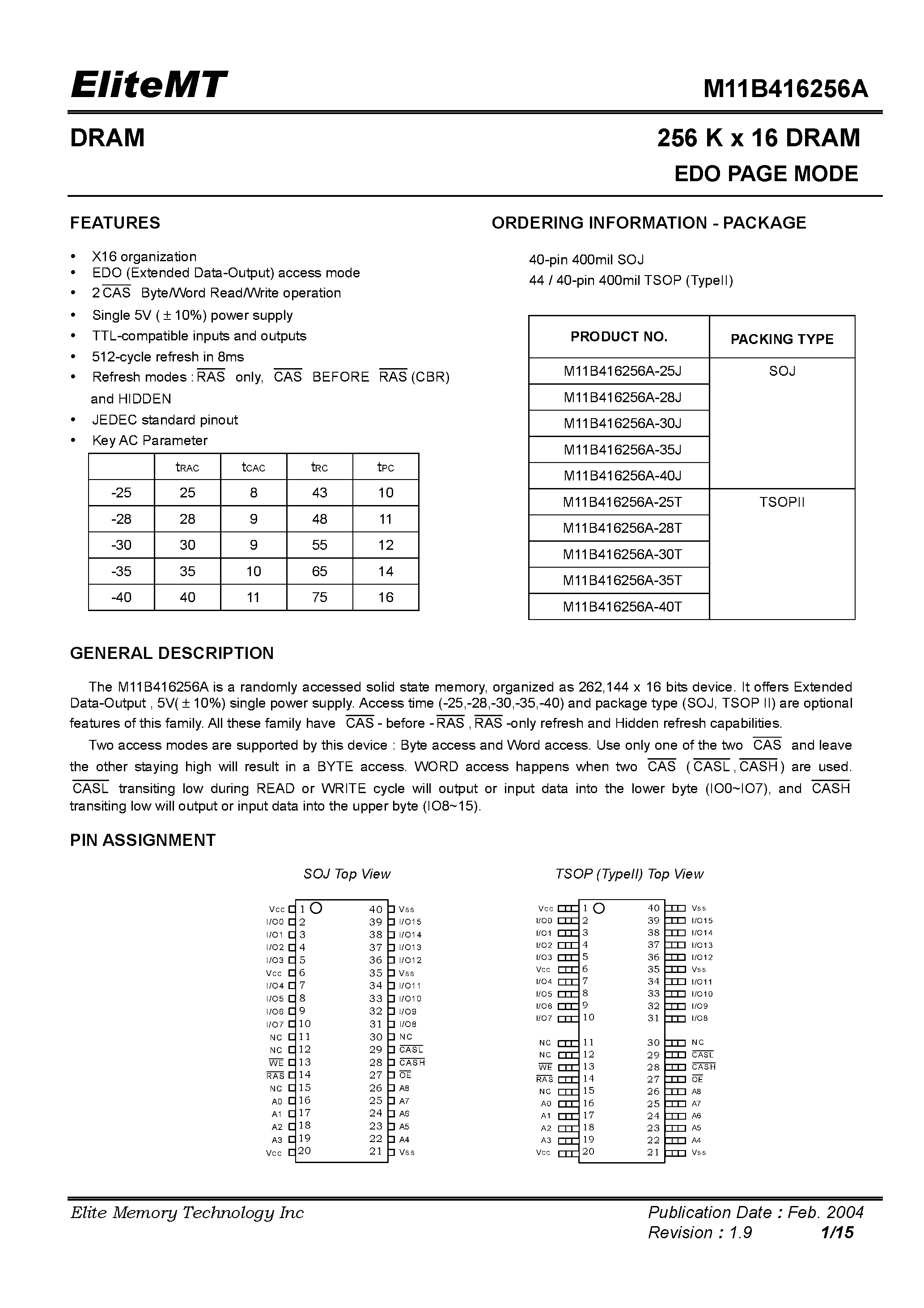 Datasheet M11B416256A-25J - 256 K x 16 DRAM EDO PAGE MODE page 1