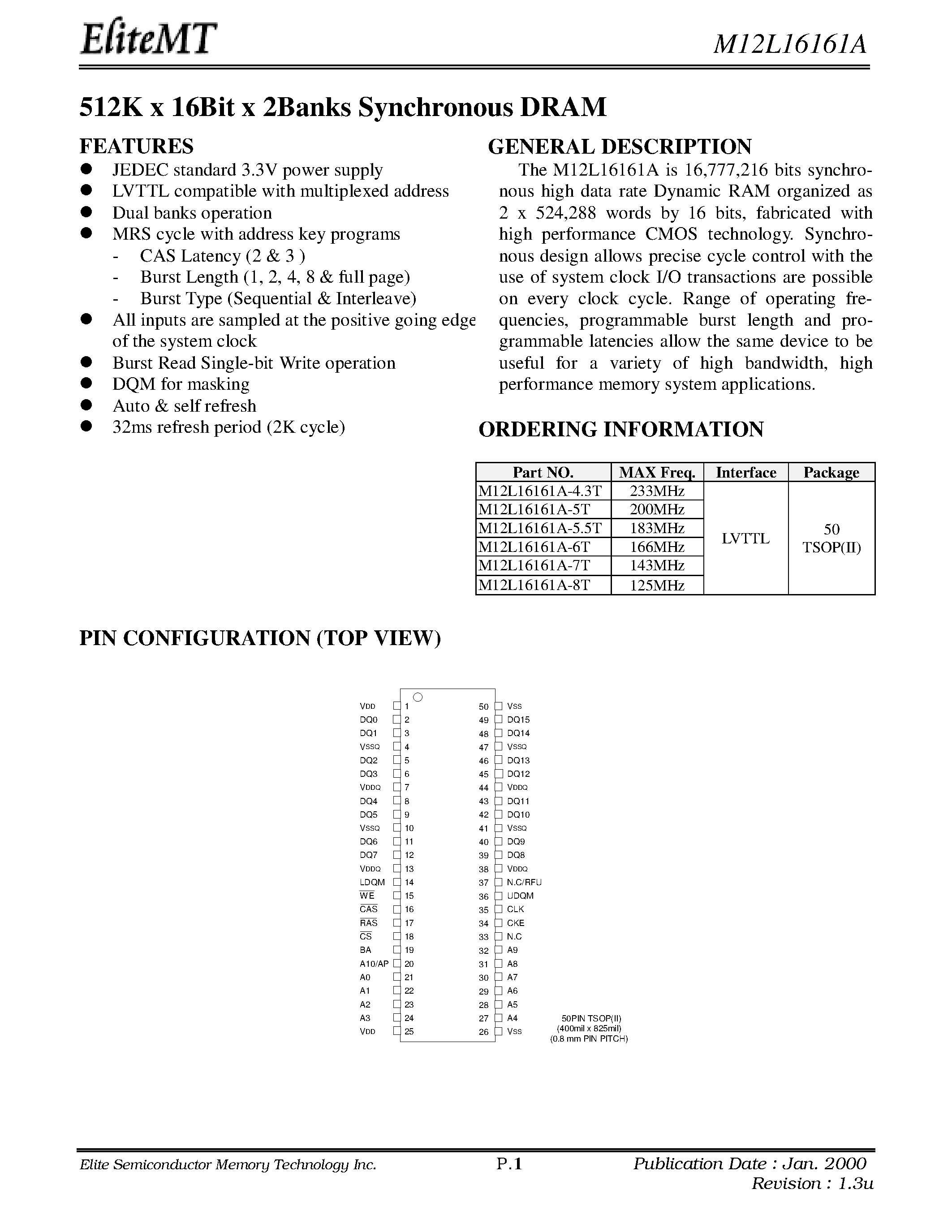 Datasheet M12L16161A-8T - 512K x 16Bit x 2Banks Synchronous DRAM page 1
