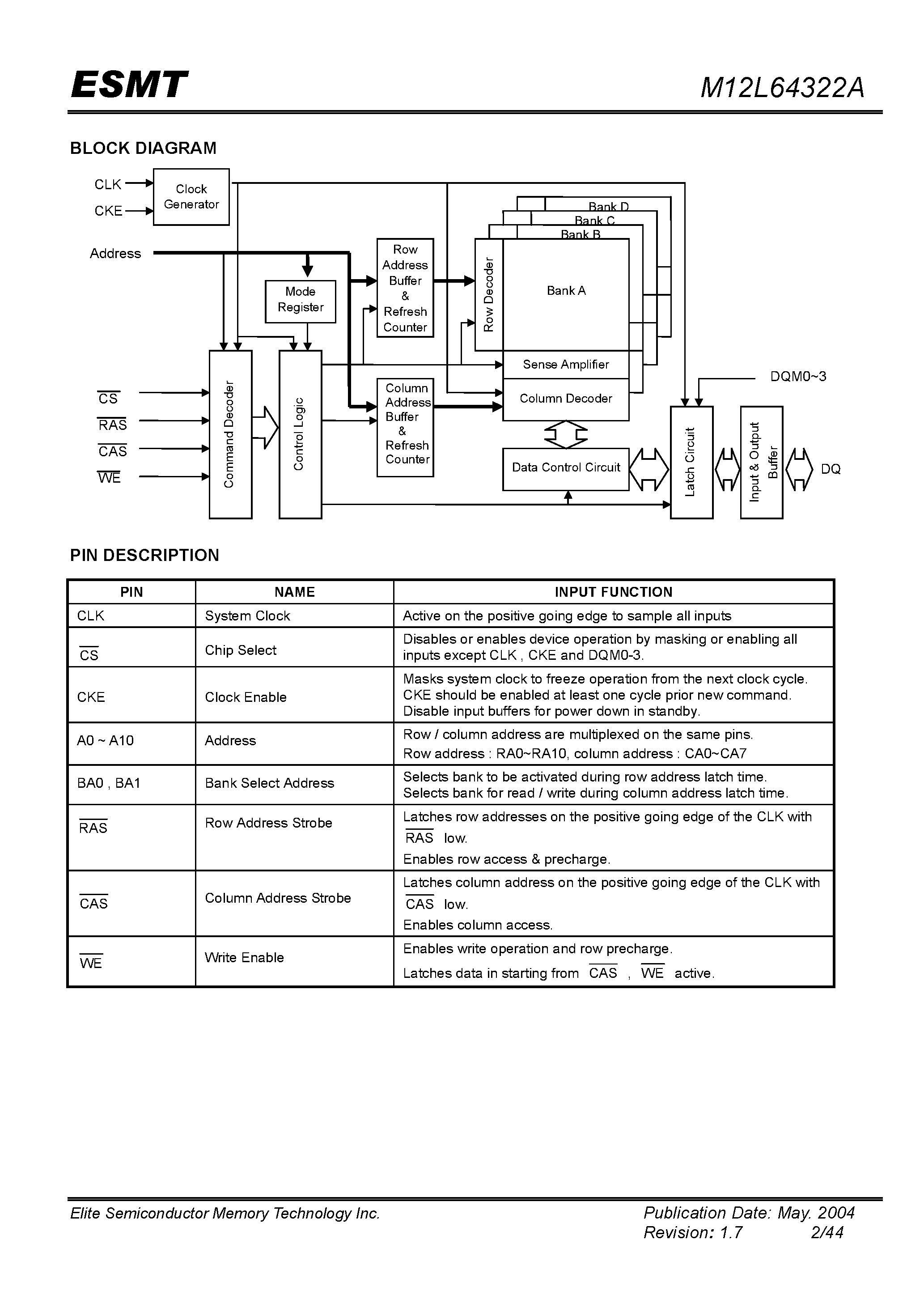 Datasheet M12L64322A-7T page 2 Datasheet M12L64322A-7T - 512K x 32 Bit x 4 Banks Synchronous DRAM page 2