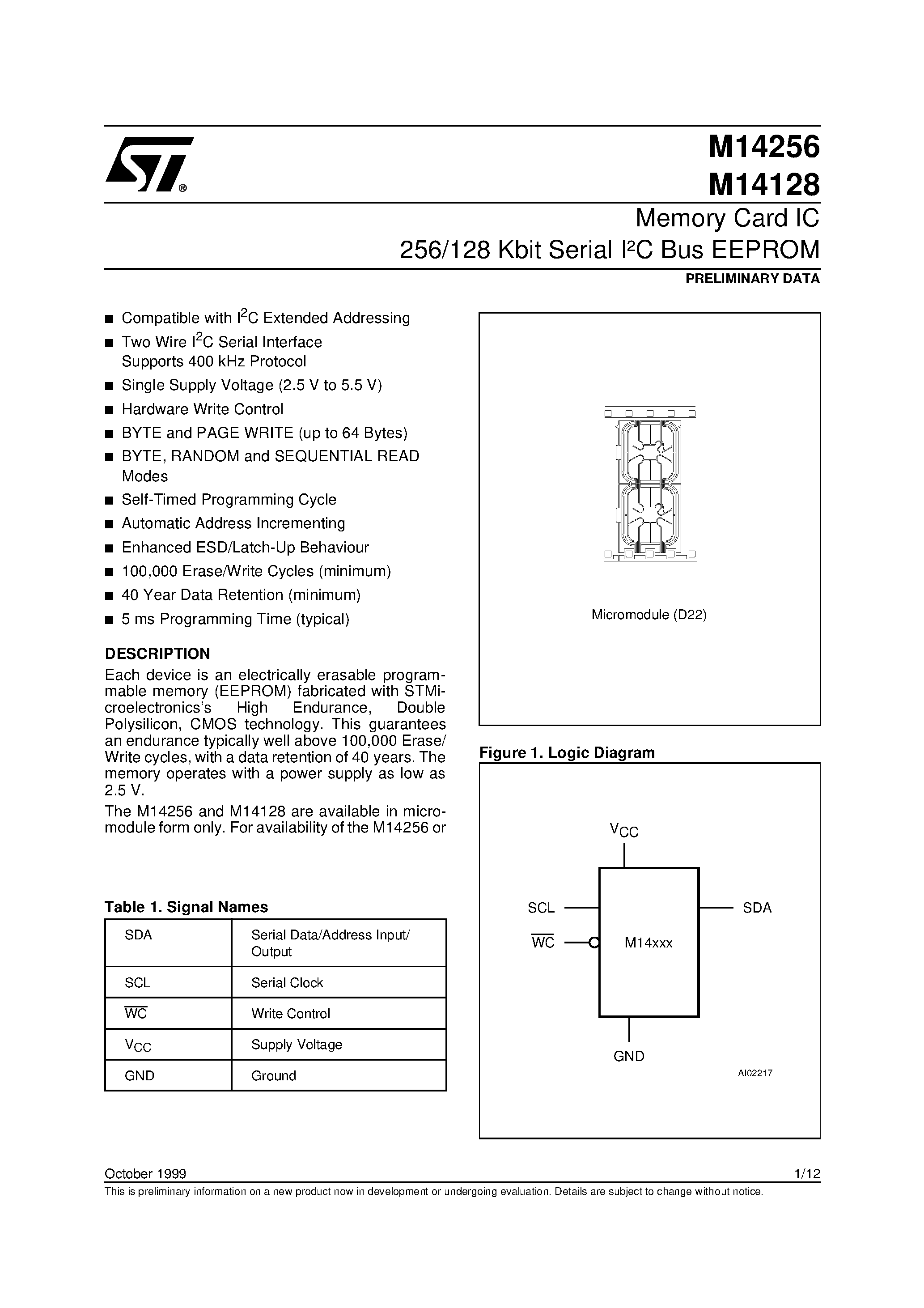 Datasheet M14256 page 1 Datasheet M14256 - Memory Micromodules General Information for D1/ D2 and C Packaging page 1