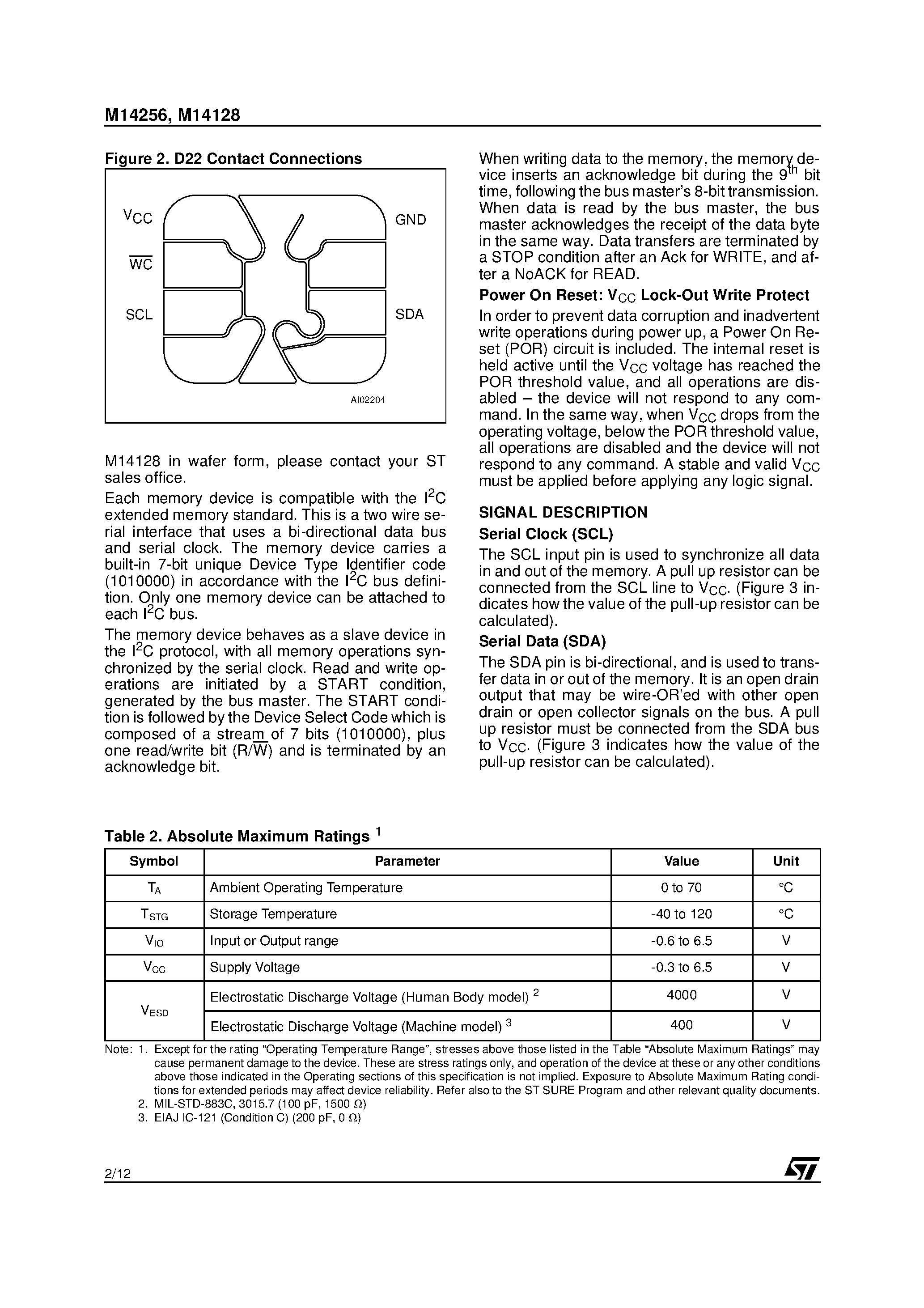 Datasheet M14256 page 2 Datasheet M14256 - Memory Micromodules General Information for D1/ D2 and C Packaging page 2