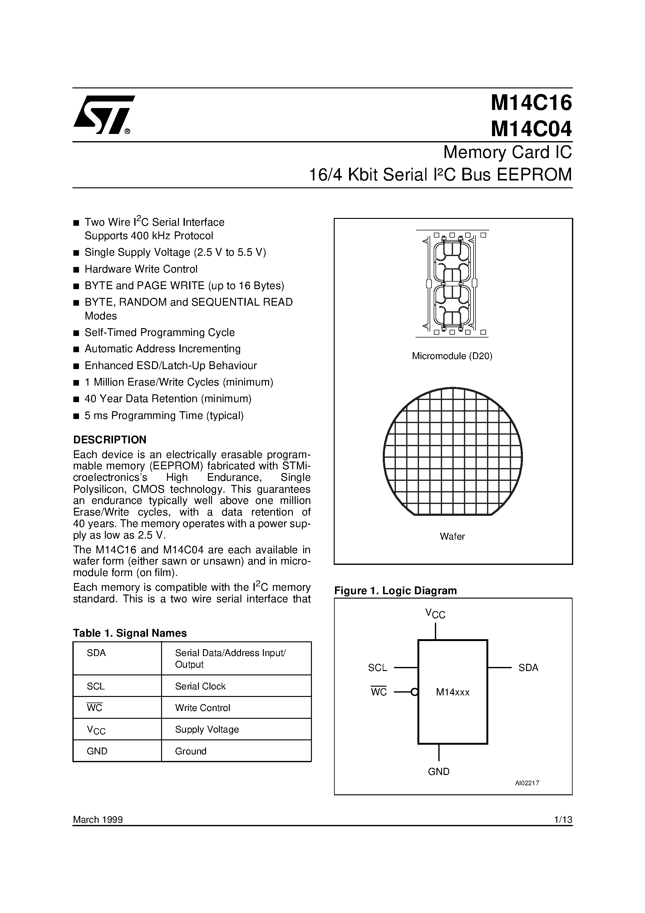 Datasheet M14C16 - Memory Micromodules General Information for D1/ D2 and C Packaging page 1