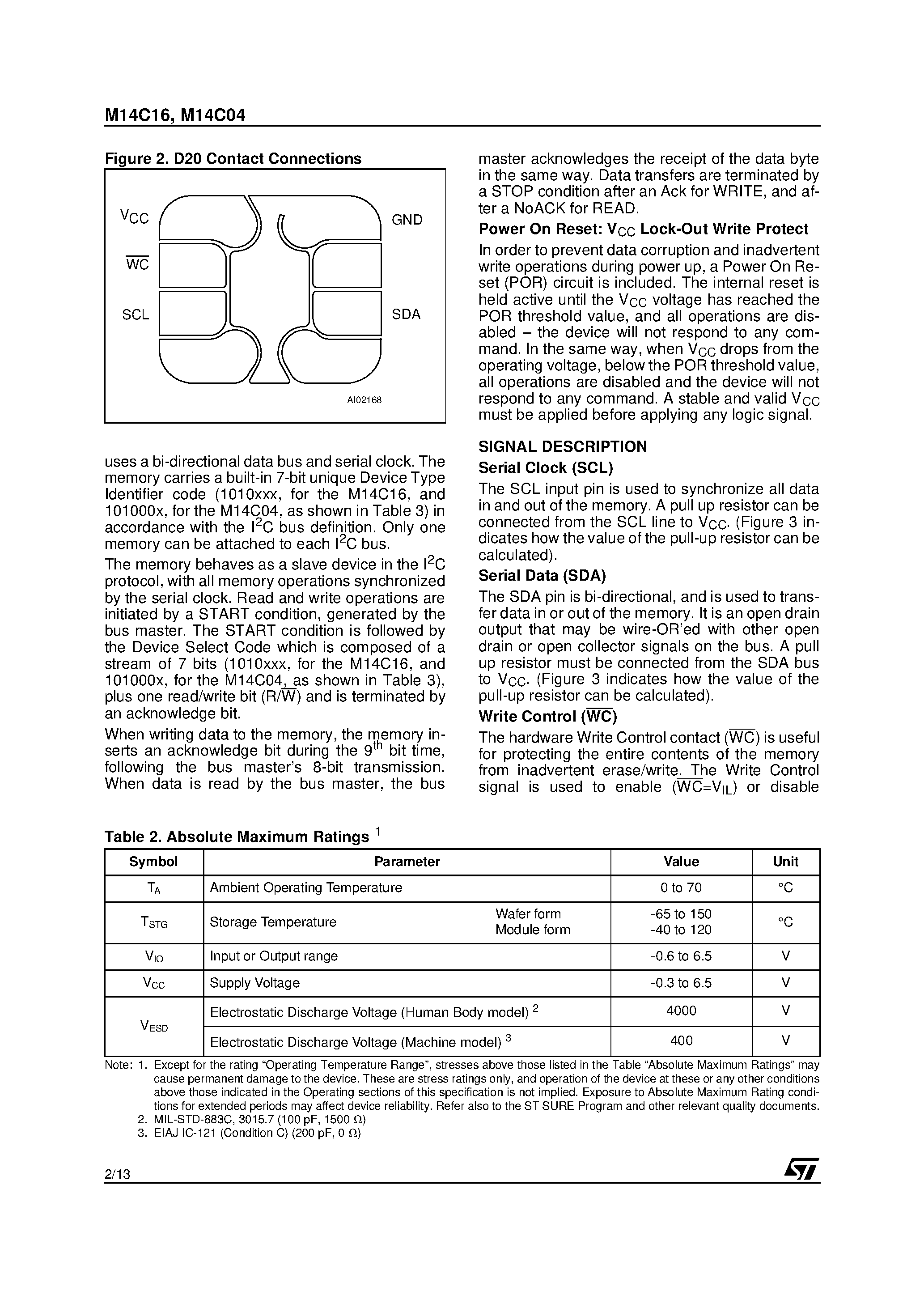 Datasheet M14C16 - Memory Micromodules General Information for D1/ D2 and C Packaging page 2